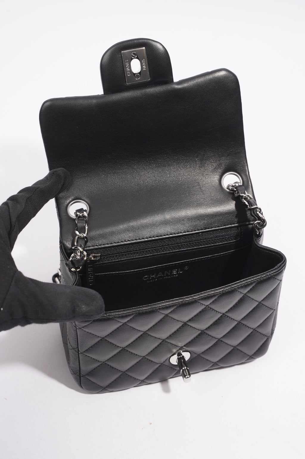 Chanel Womens Lambskin Square Flap Black Leather Mini