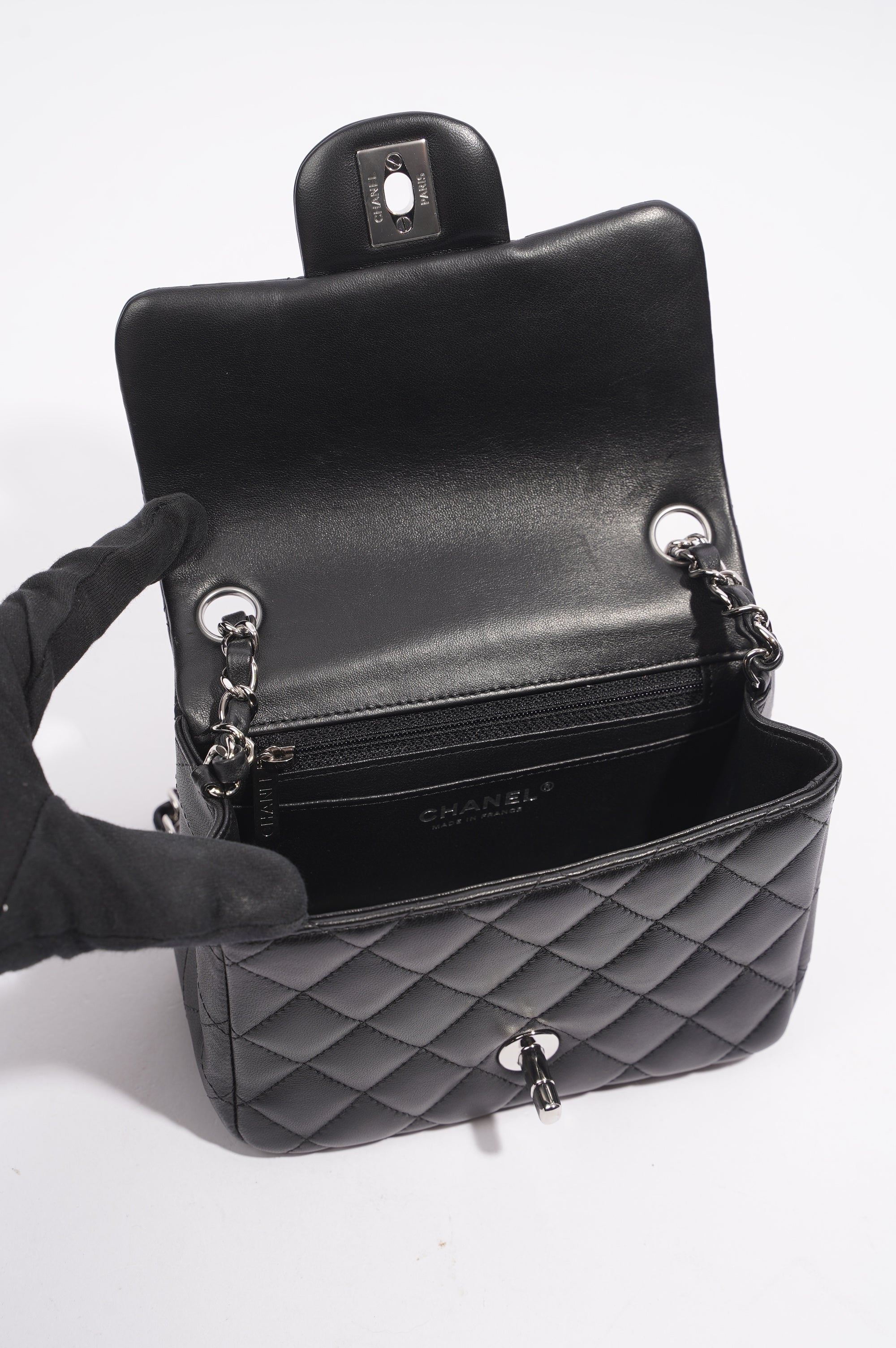Chanel Womens Lambskin Square Flap Black Leather Mini