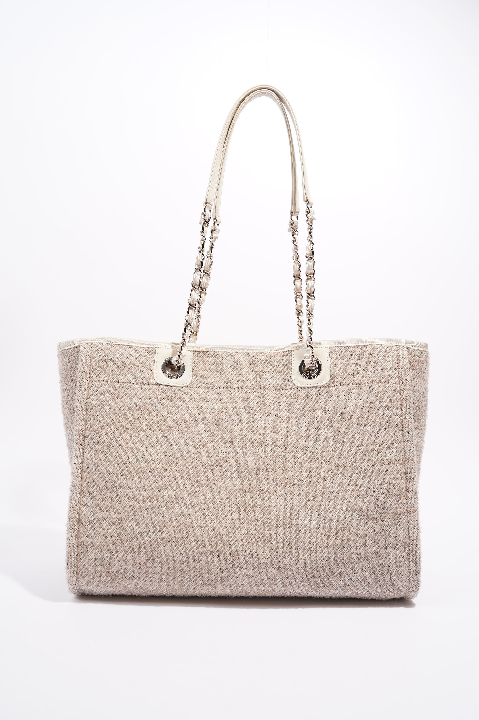 Chanel Womens Deauville Bag Wool / Cream / Beige Small