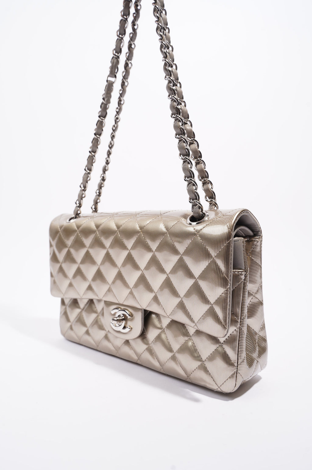 Chanel Womens Classic Flap Silver Medium