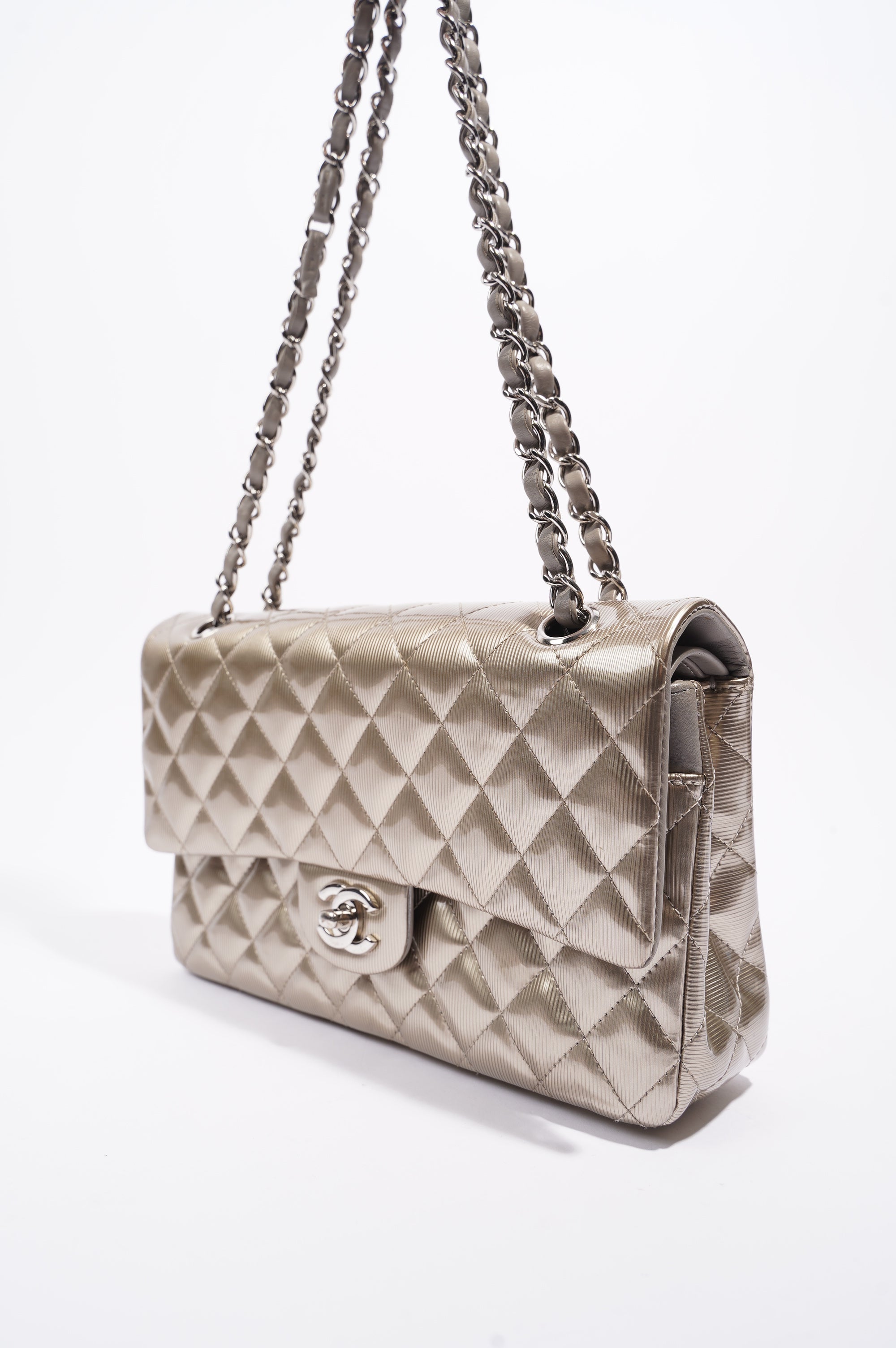 Chanel Womens Classic Flap Silver Medium