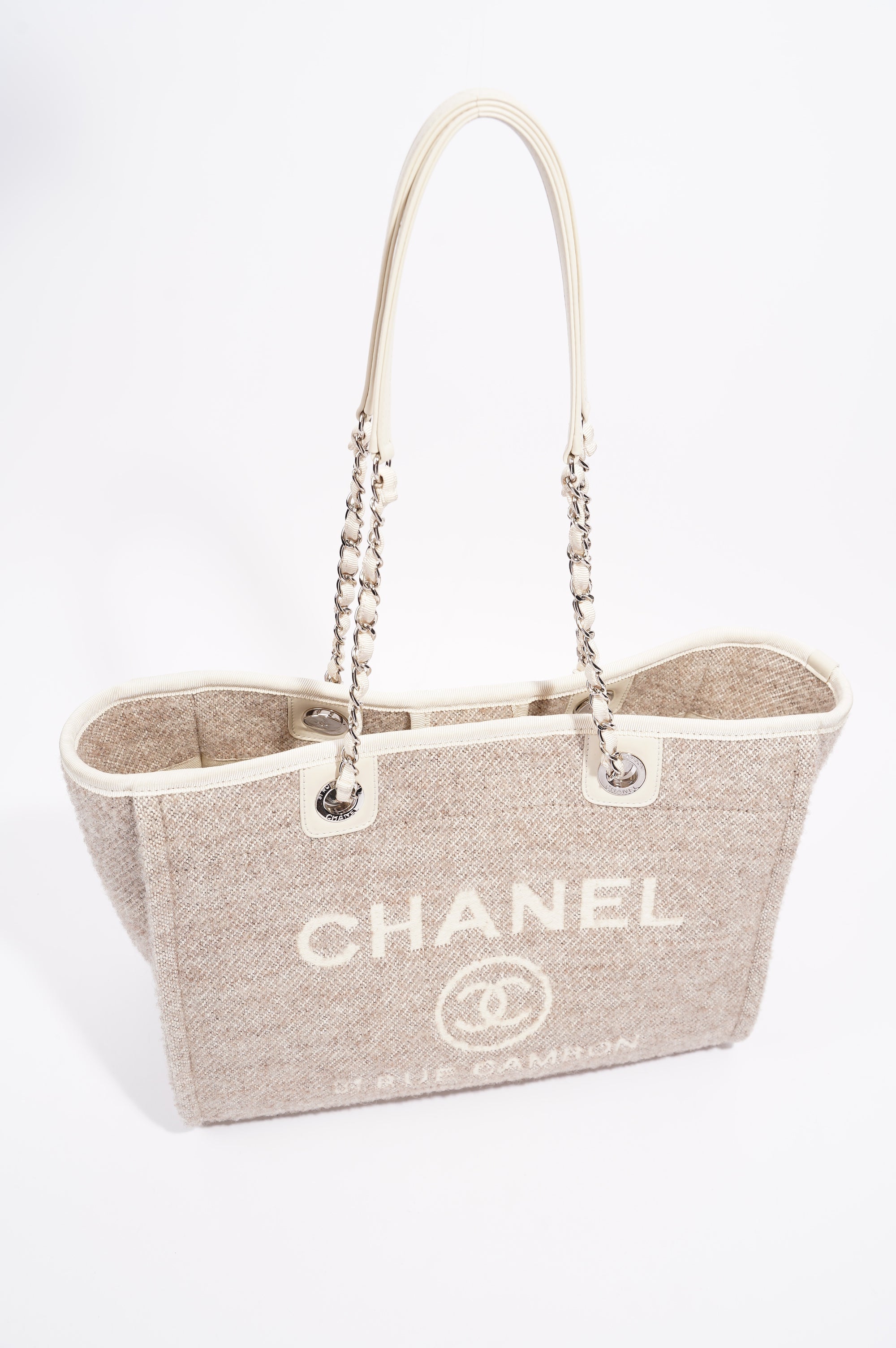 Chanel Womens Deauville Bag Wool / Cream / Beige Small