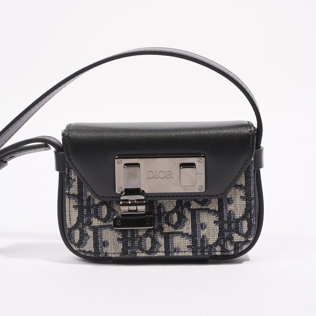 Christian Dior Womens Pouch Oblique Navy / White Leather Nano