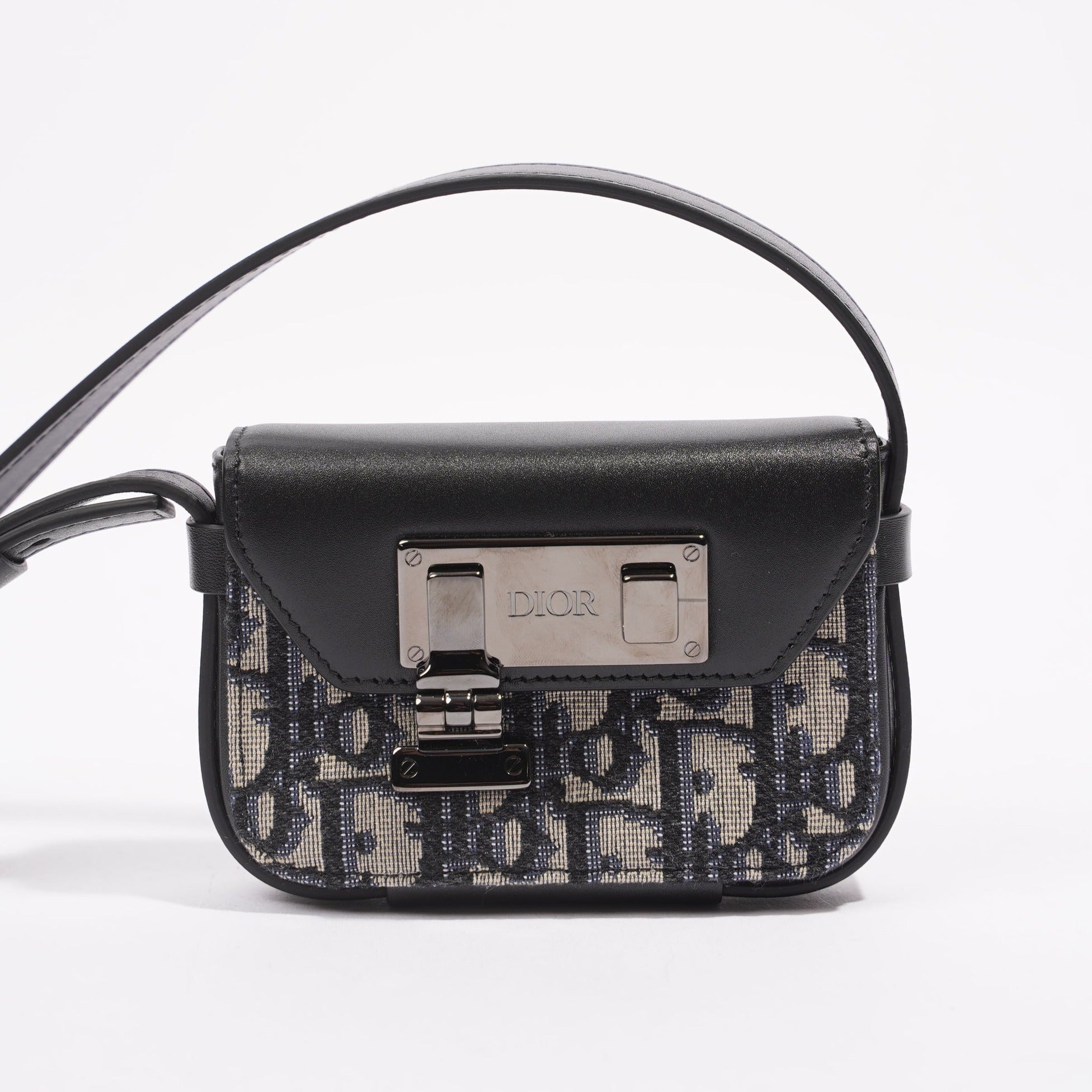 Christian Dior Womens Pouch Oblique Navy / White Leather Nano