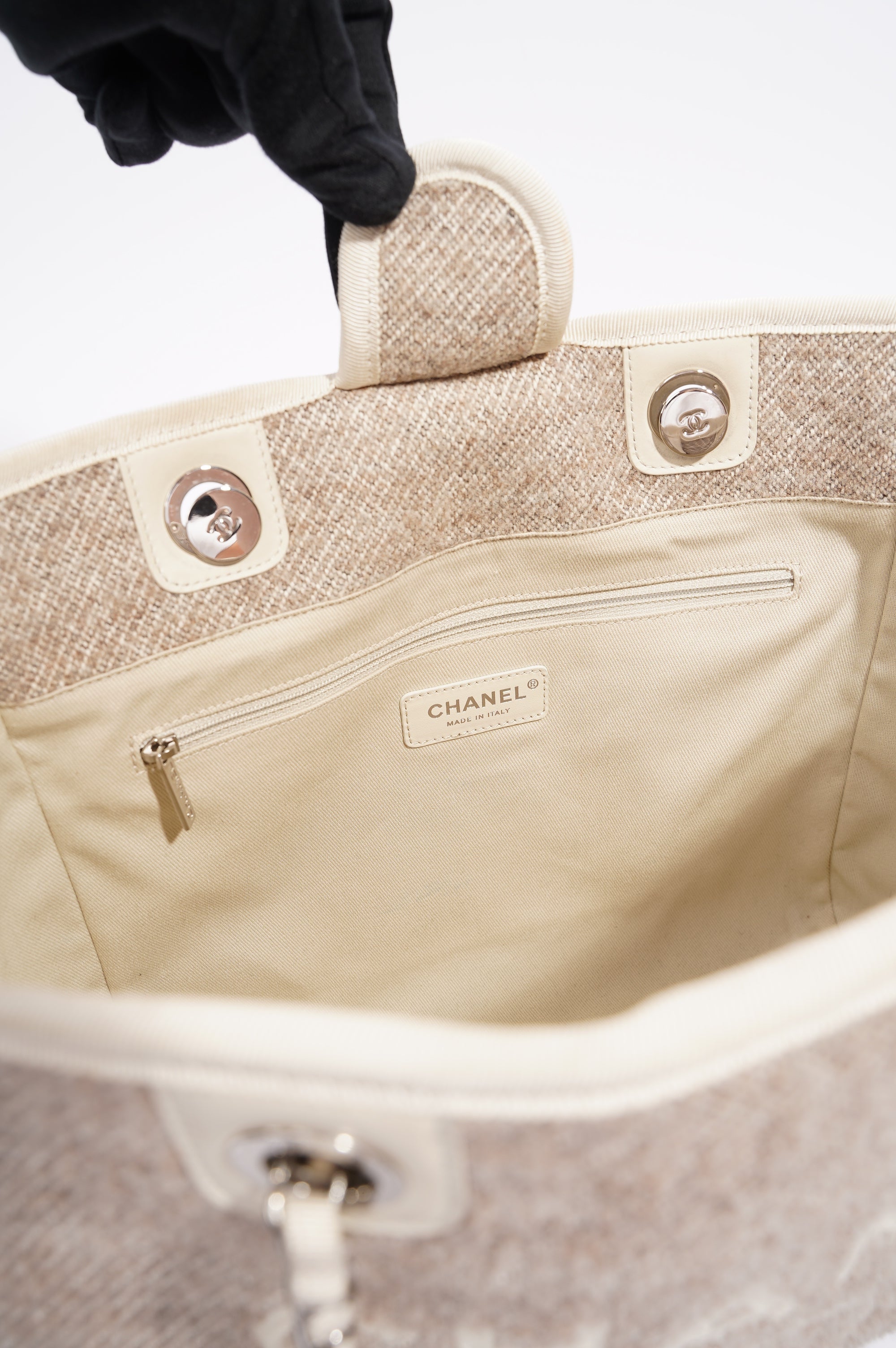 Chanel Womens Deauville Bag Wool / Cream / Beige Small
