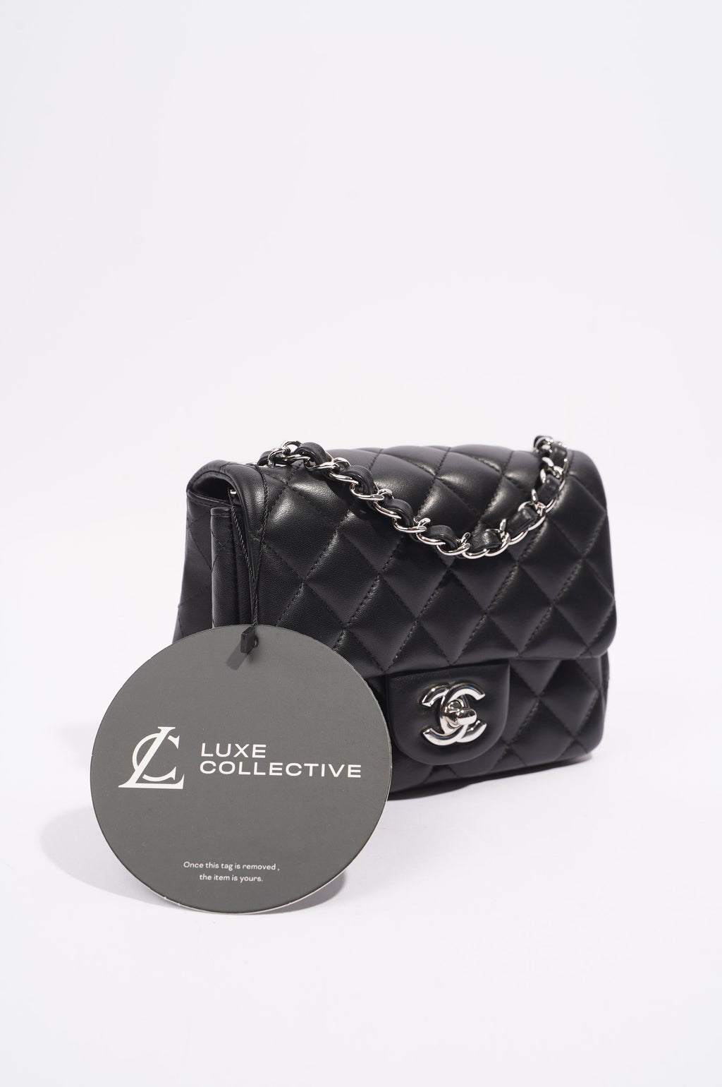 Chanel Womens Lambskin Square Flap Black Leather Mini