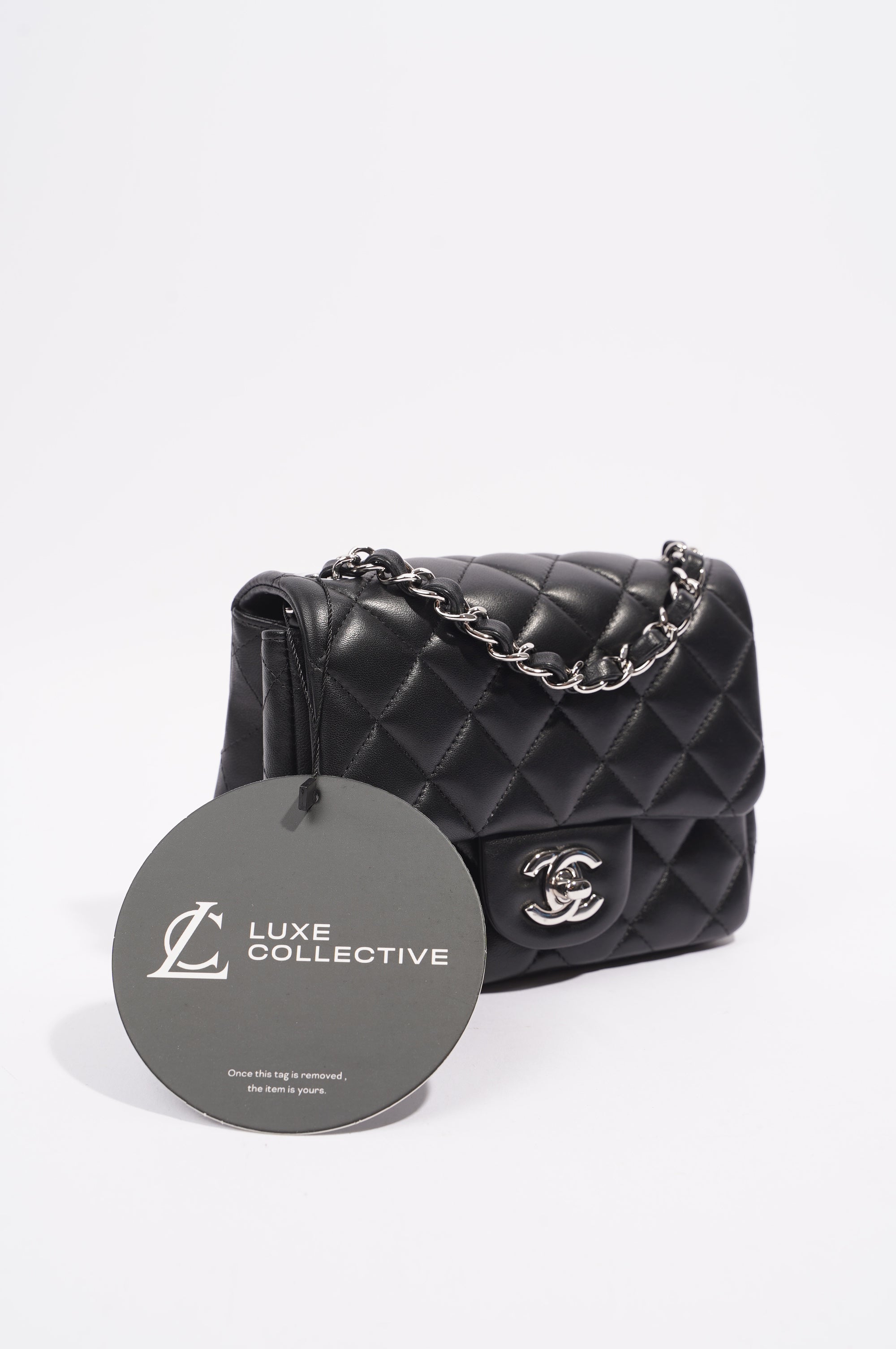 Chanel Womens Lambskin Square Flap Black Leather Mini