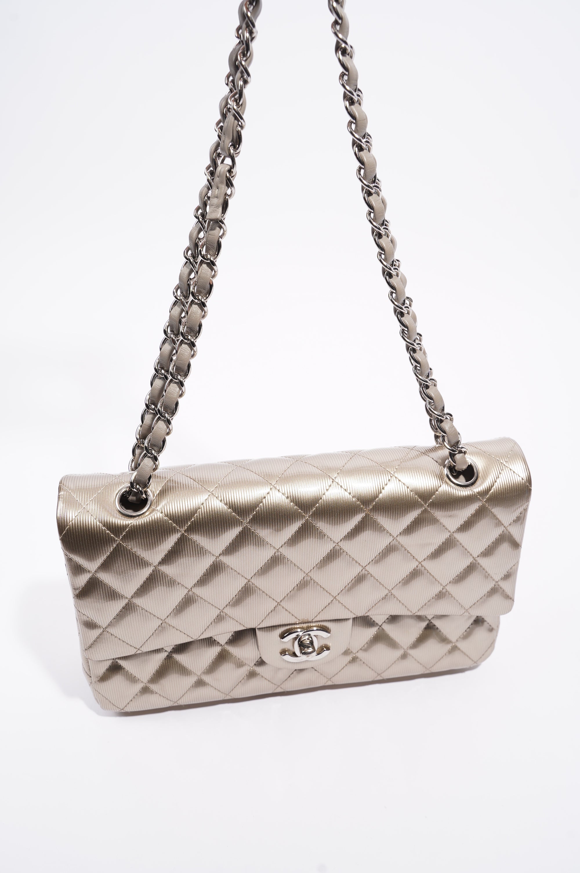 Chanel Womens Classic Flap Silver Medium