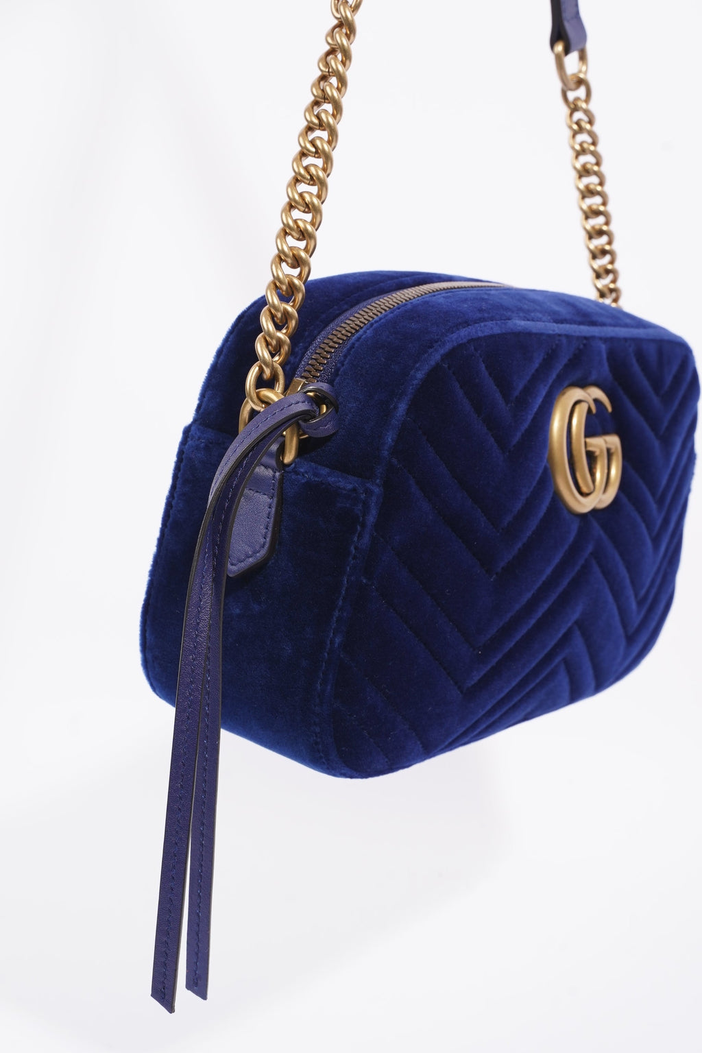 Gucci Womens Matelasse GG Marmont Bag Blue Velvet Small