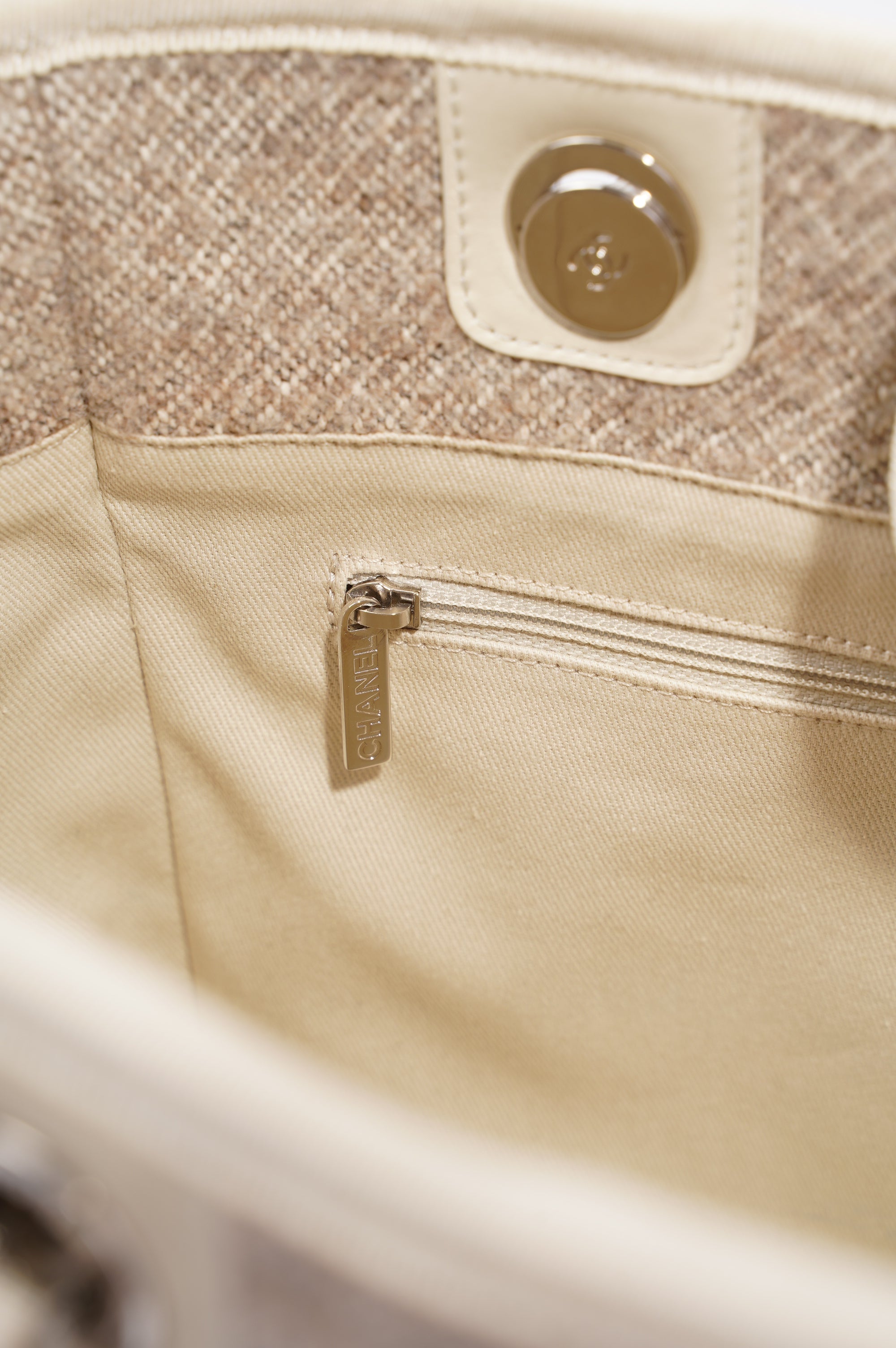 Chanel Womens Deauville Bag Wool / Cream / Beige Small