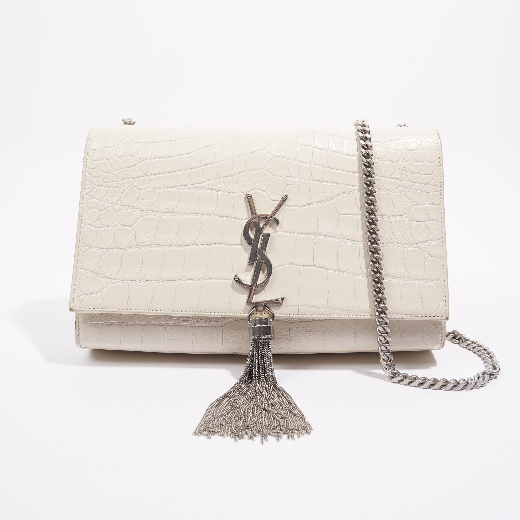 Saint Laurent Womens Kate Tassel Bag White Croc Medium