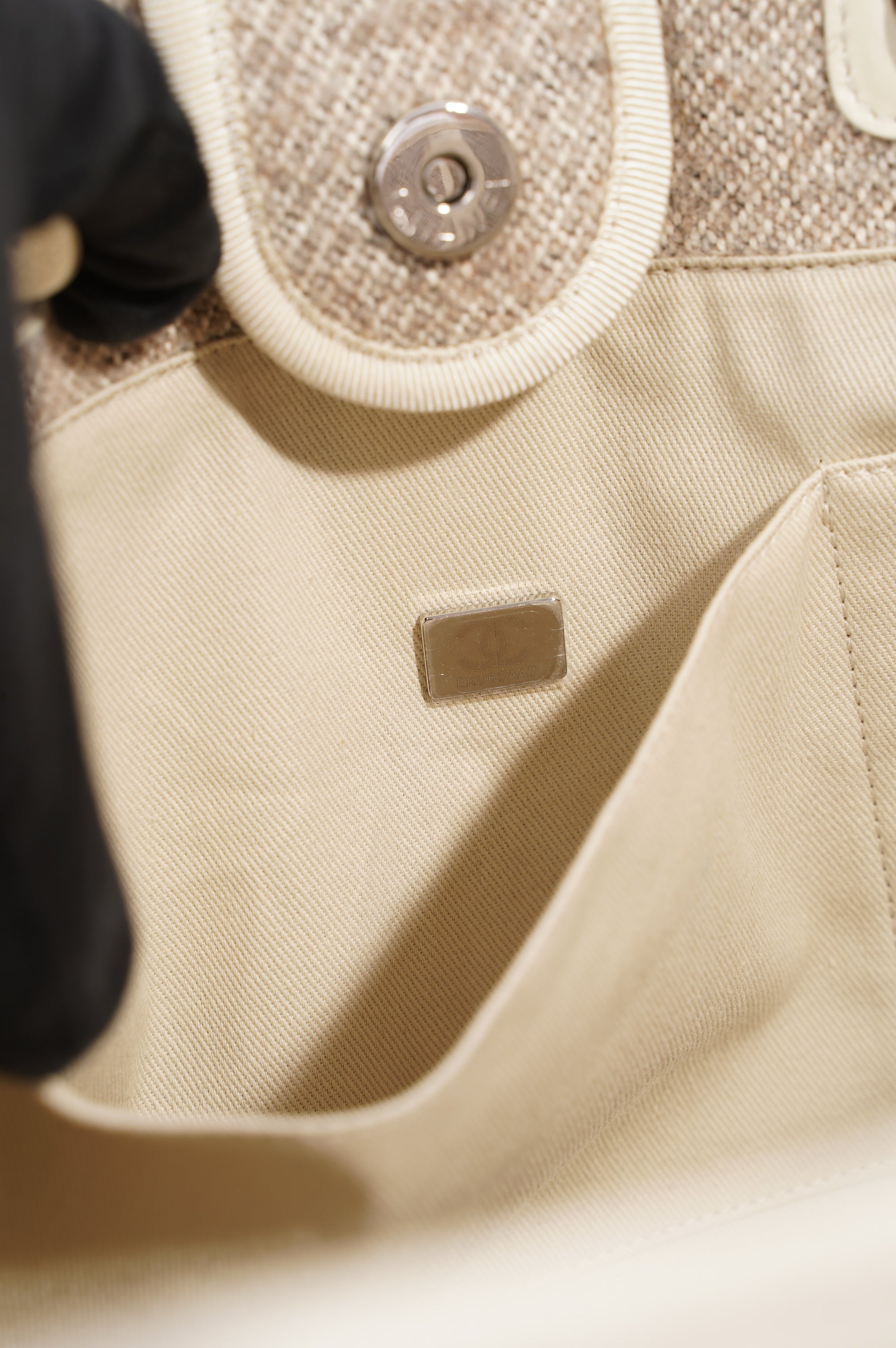 Chanel Womens Deauville Bag Wool / Cream / Beige Small