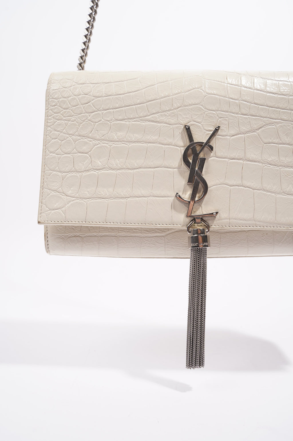 Saint Laurent Womens Kate Tassel Bag White Croc Medium