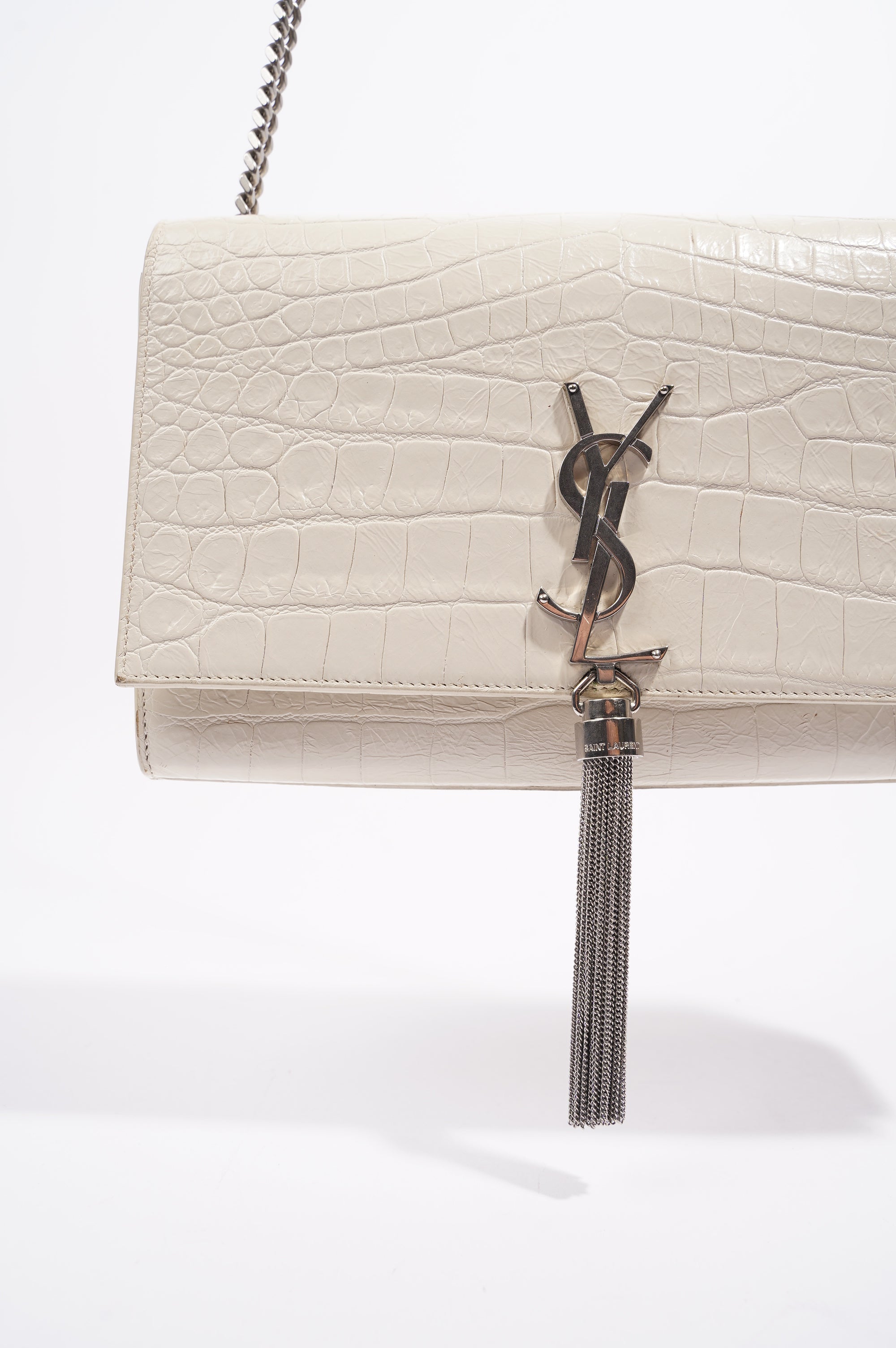 Saint Laurent Womens Kate Tassel Bag White Croc Medium