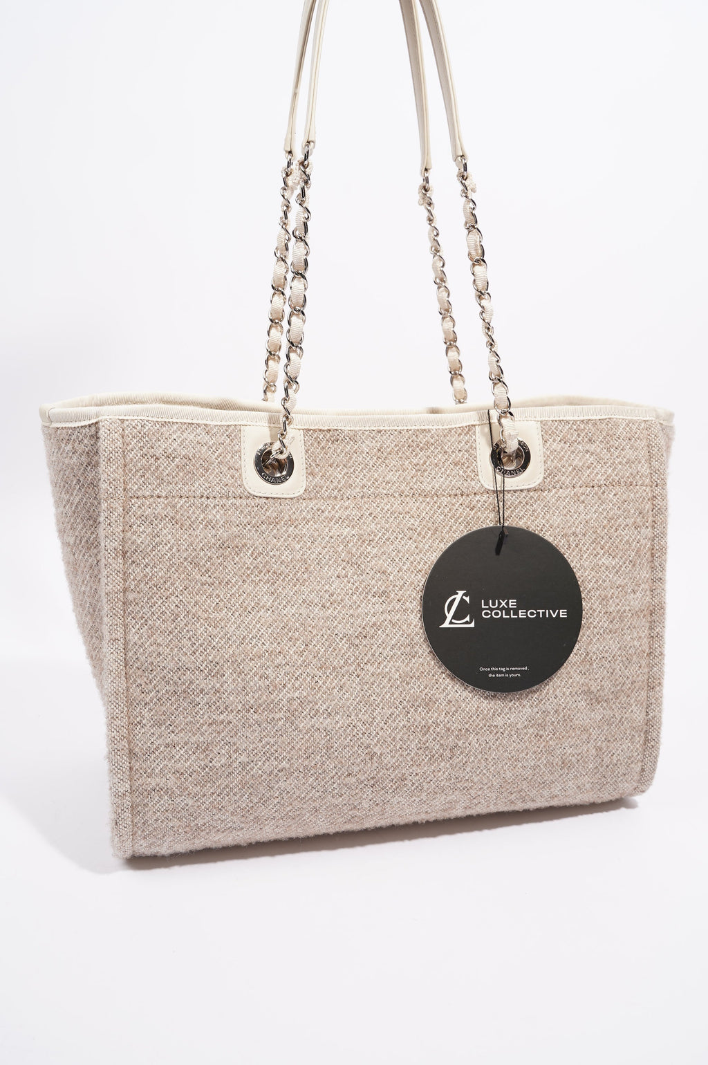 Chanel Womens Deauville Bag Wool / Cream / Beige Small