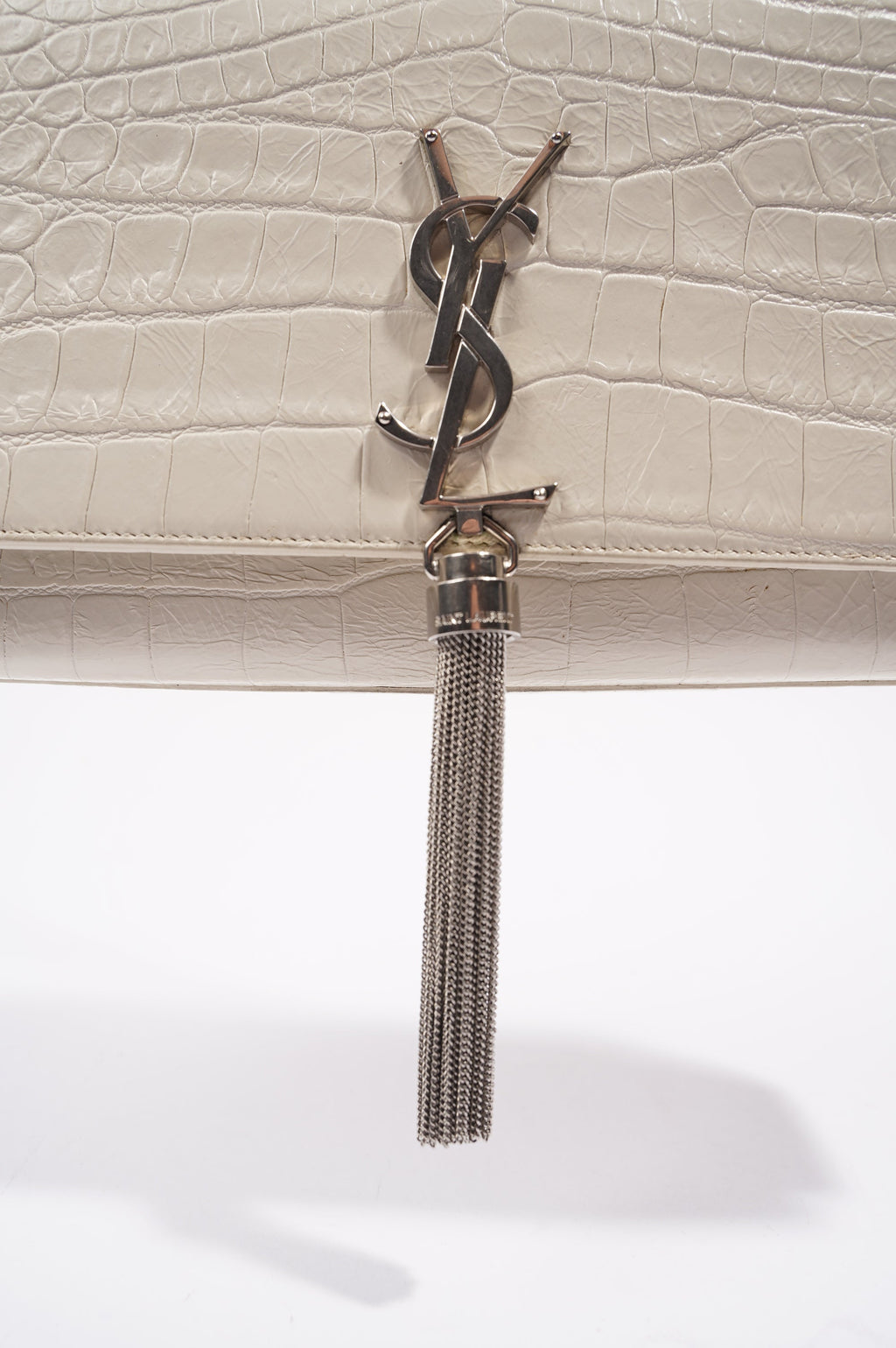 Saint Laurent Womens Kate Tassel Bag White Croc Medium
