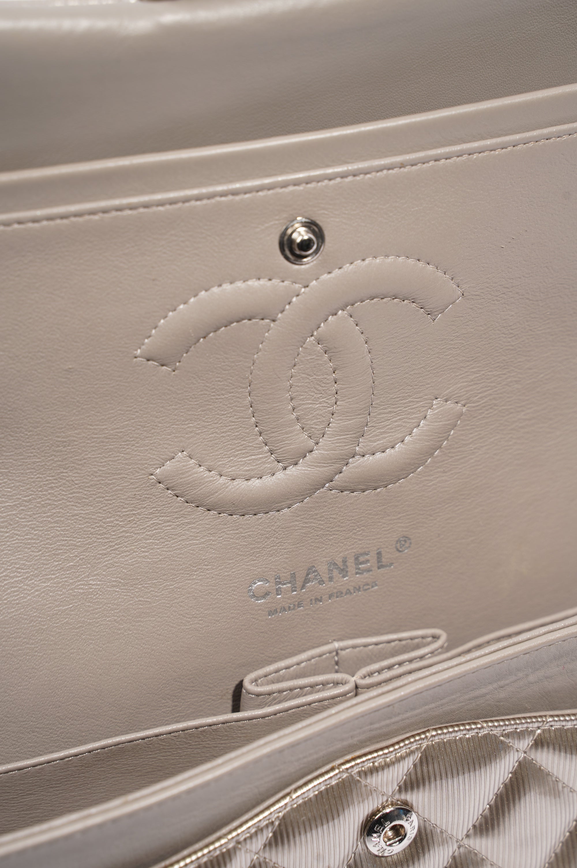 Chanel Womens Classic Flap Silver Medium