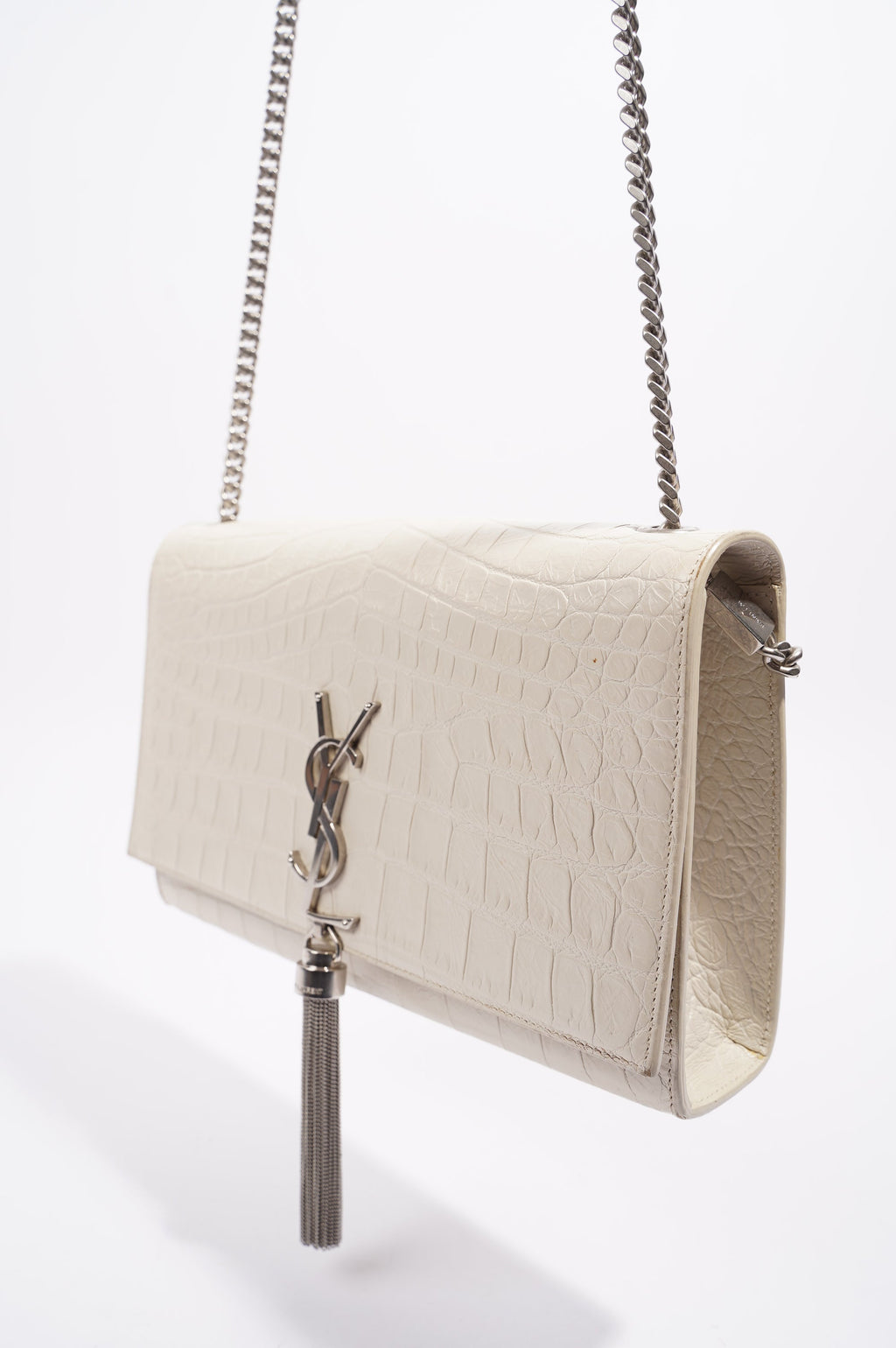 Saint Laurent Womens Kate Tassel Bag White Croc Medium