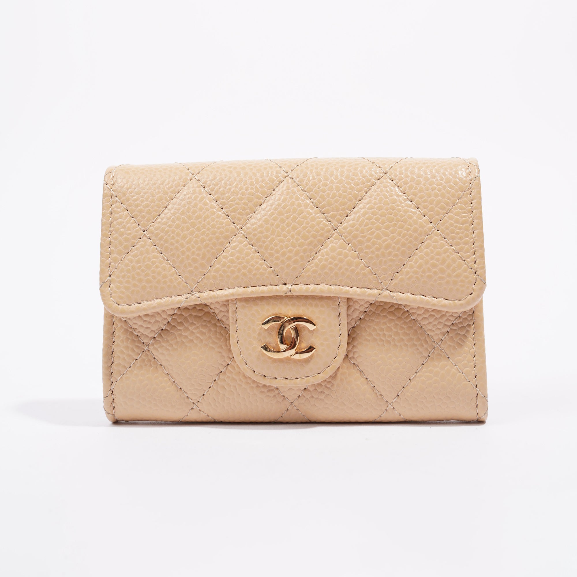 Chanel Womens Card Holder Beige Caviar