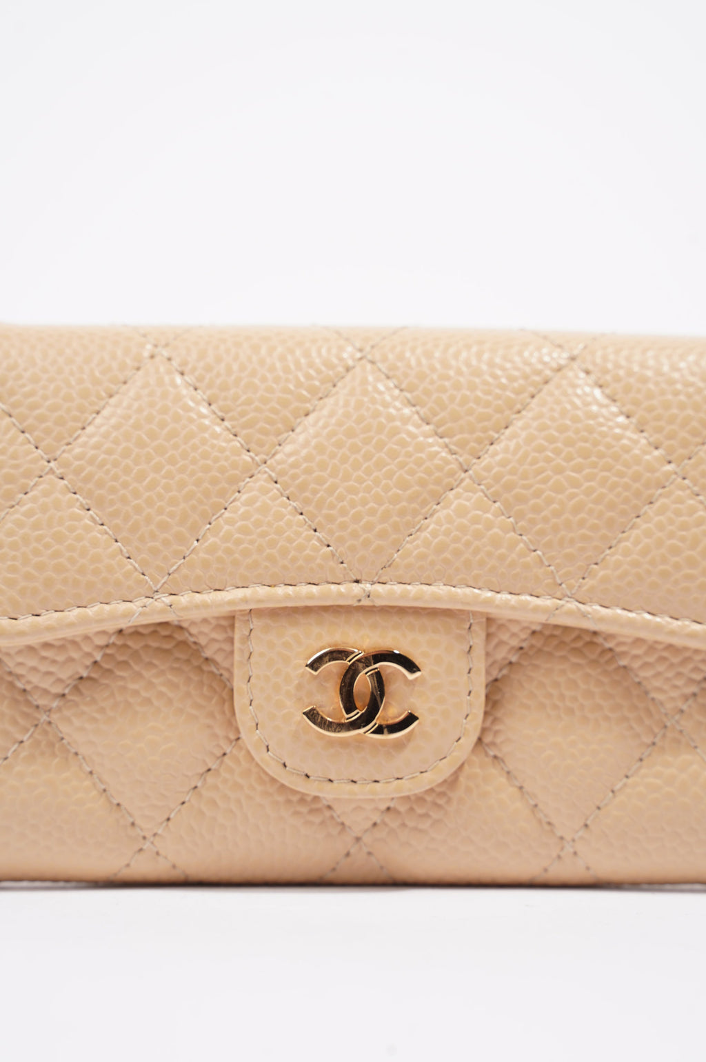 Chanel Womens Card Holder Beige Caviar