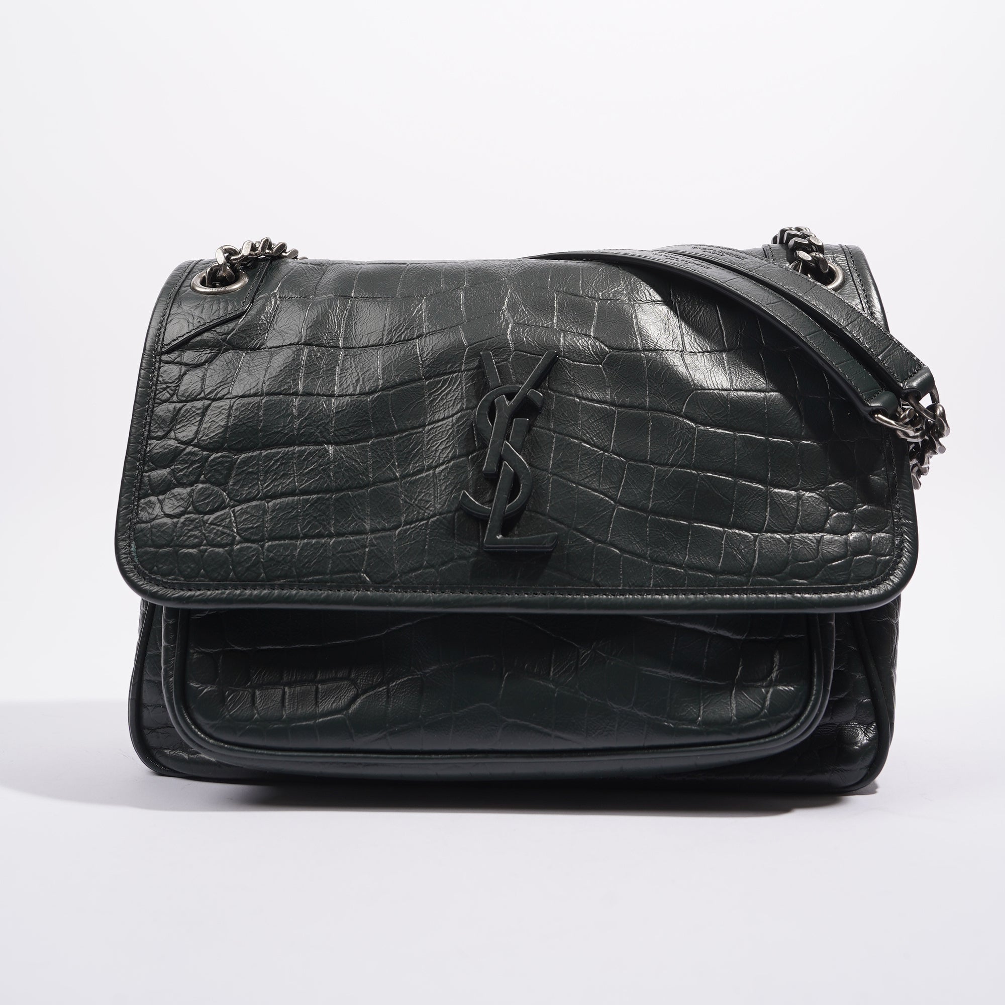 Saint Laurent Womens Niki Chain Bag Dark Green Croc Medium
