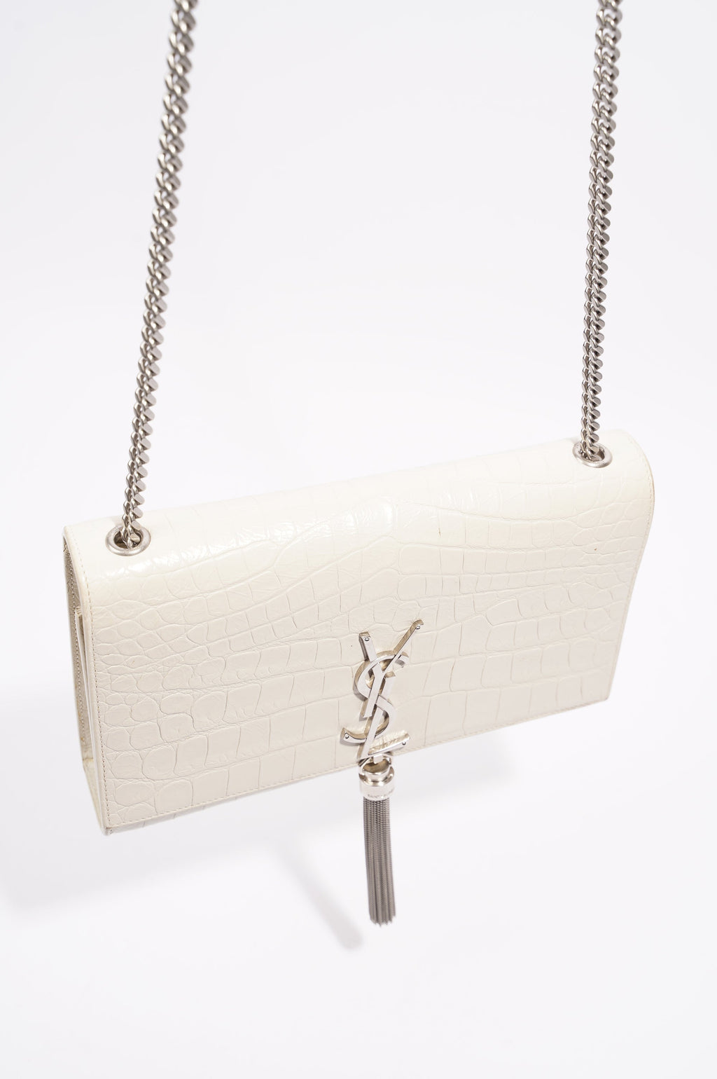 Saint Laurent Womens Kate Tassel Bag White Croc Medium