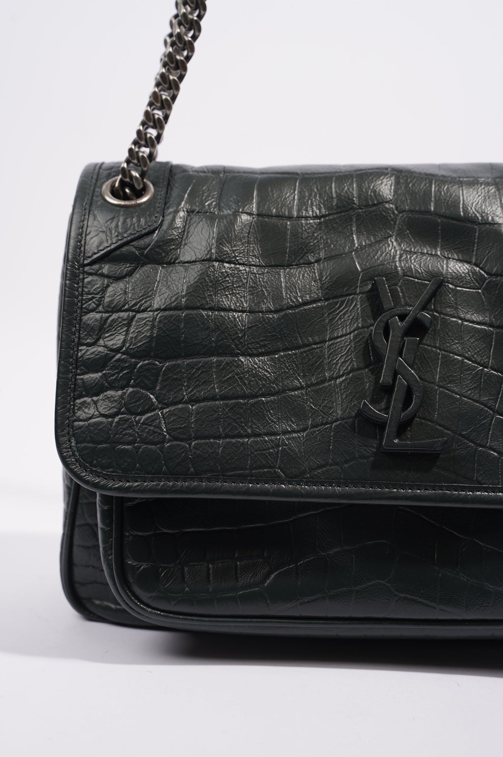 Saint Laurent Womens Niki Chain Bag Dark Green Croc Medium