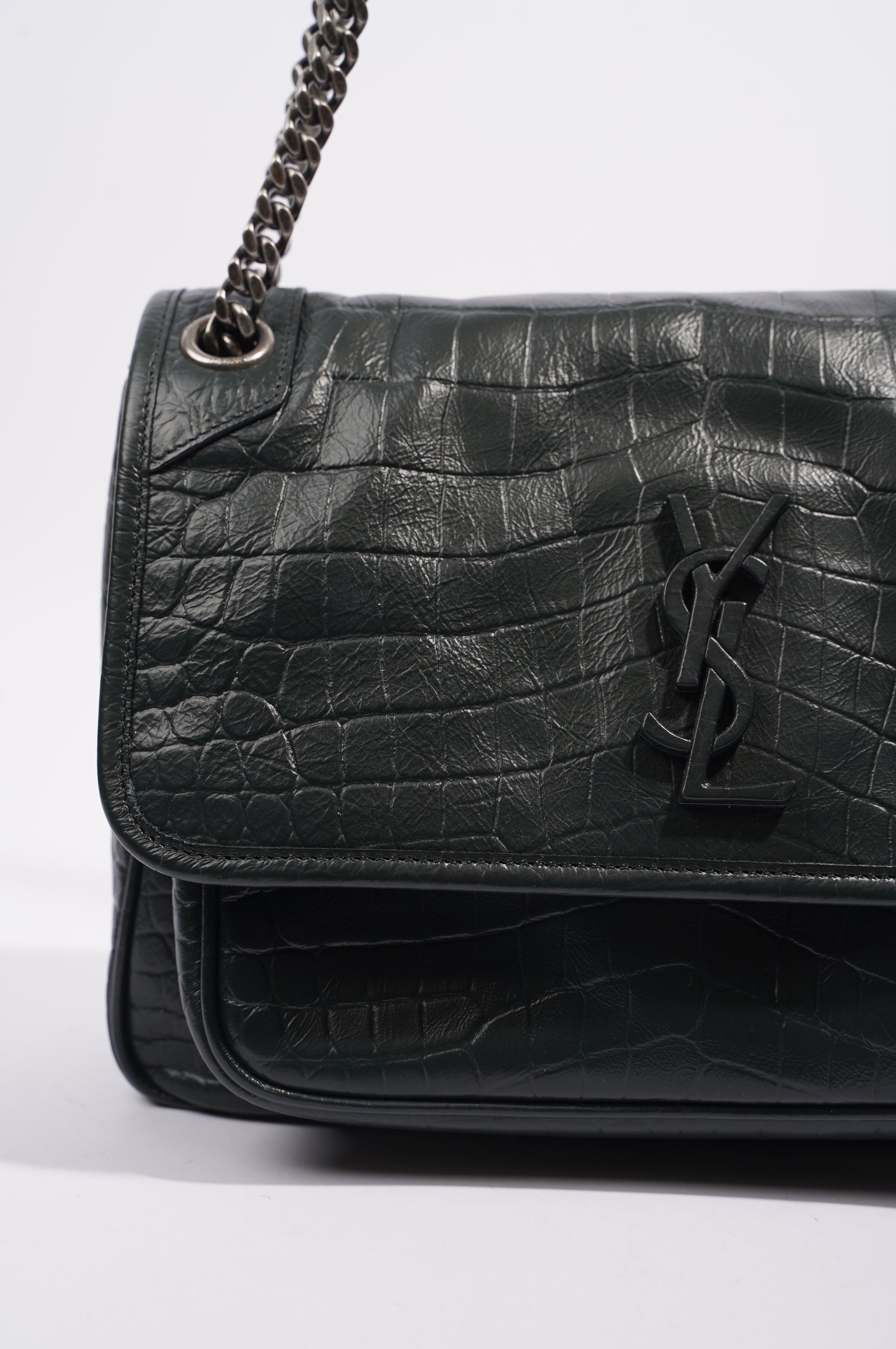Saint Laurent Womens Niki Chain Bag Dark Green Croc Medium