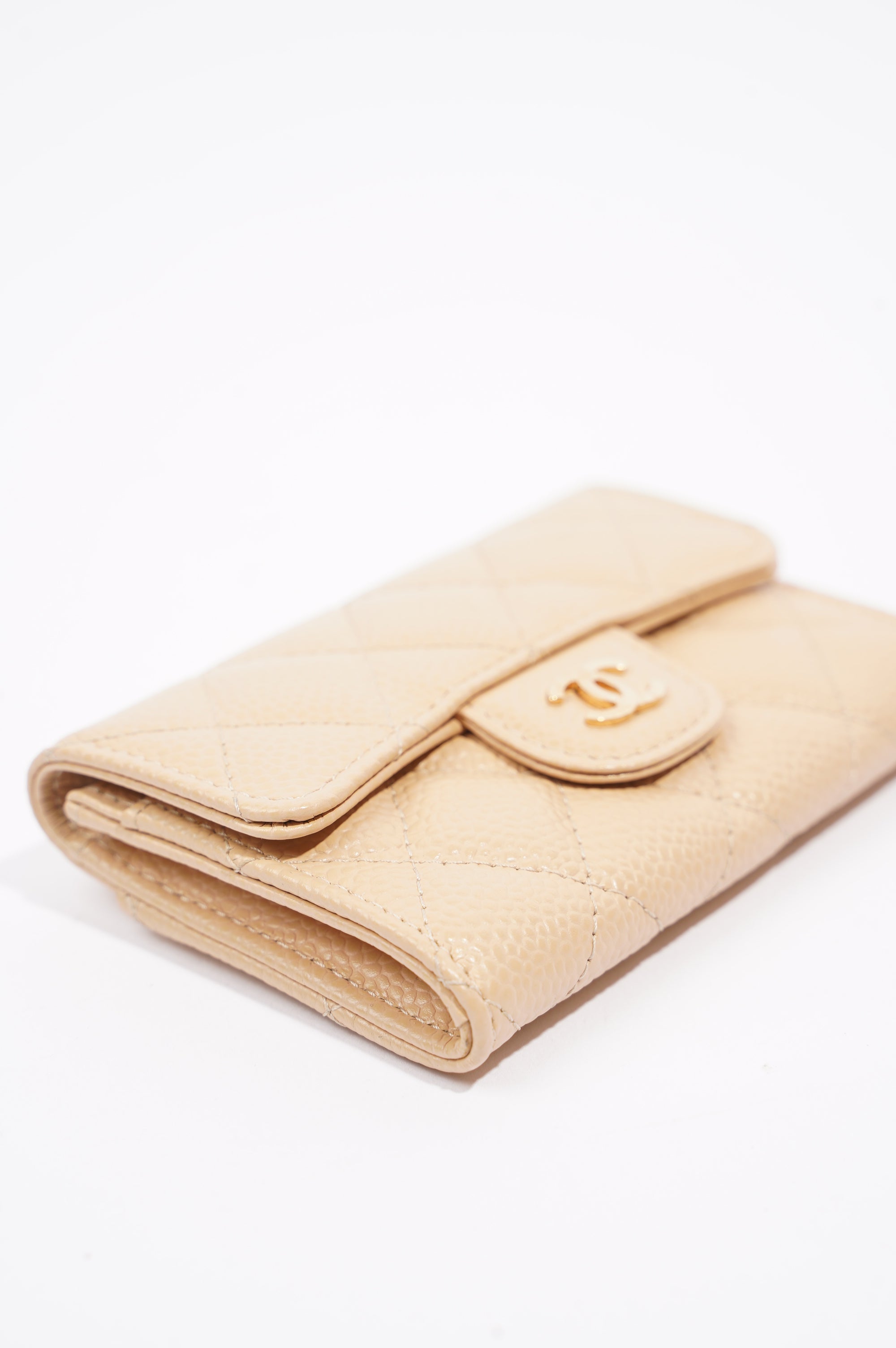 Chanel Womens Card Holder Beige Caviar