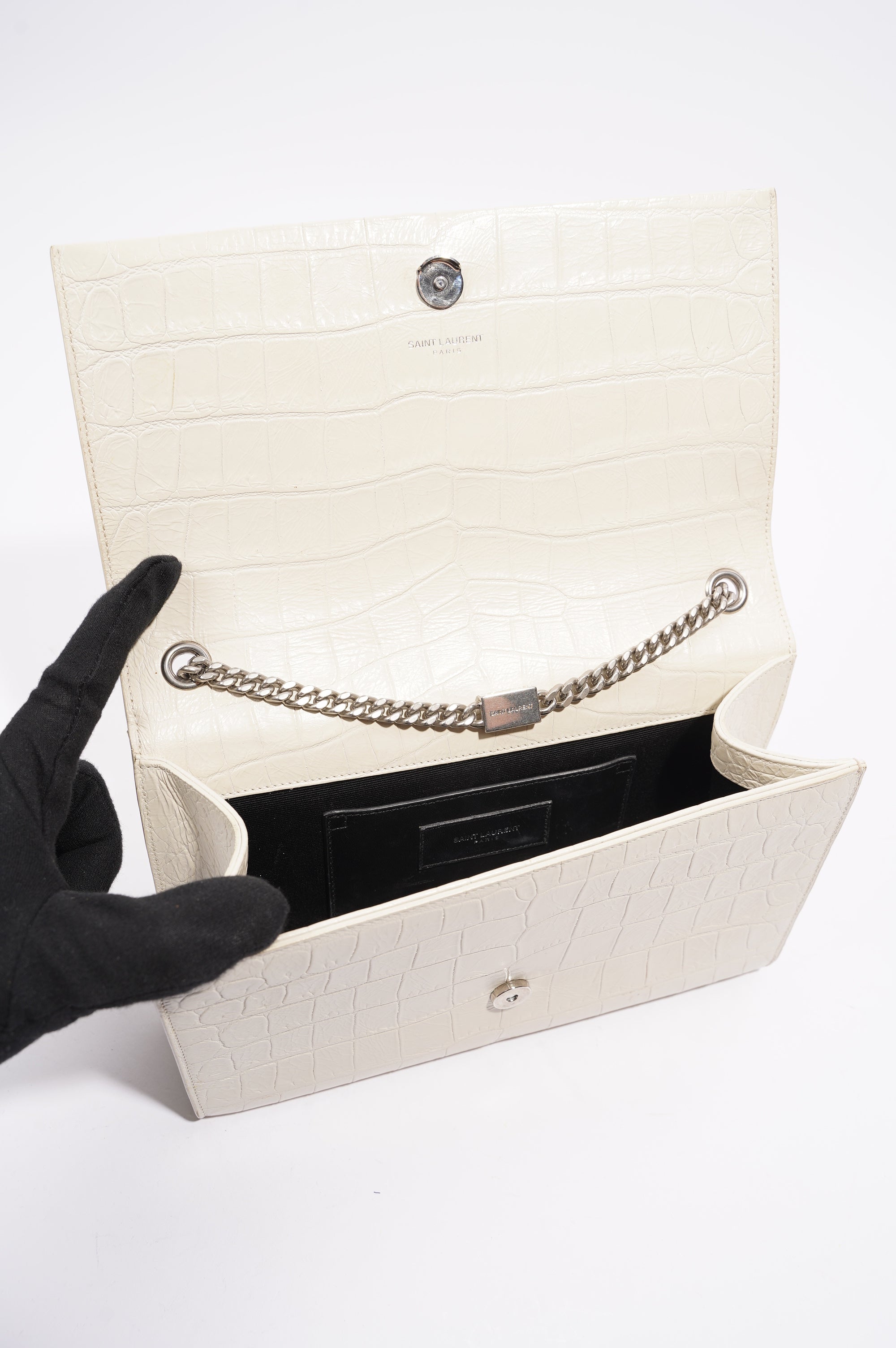 Saint Laurent Womens Kate Tassel Bag White Croc Medium