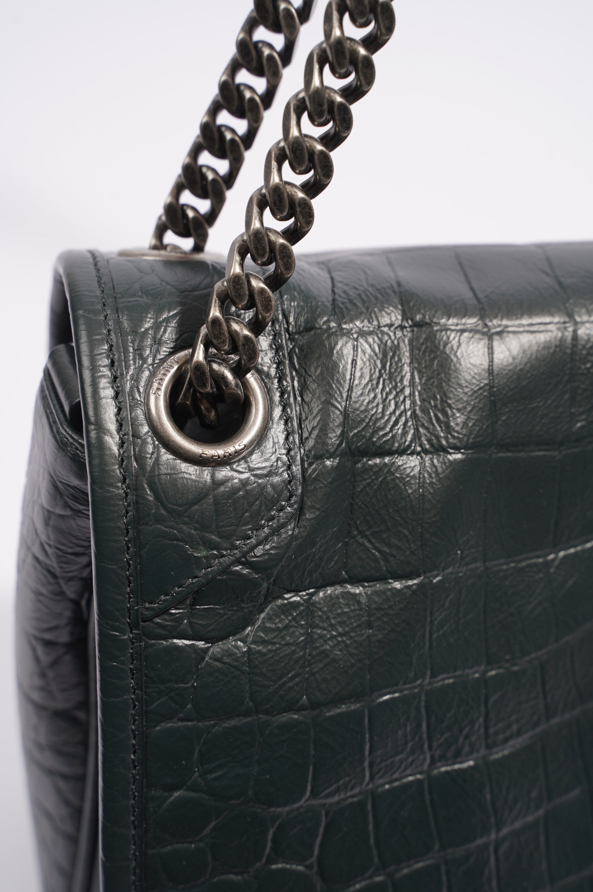 Saint Laurent Womens Niki Chain Bag Dark Green Croc Medium