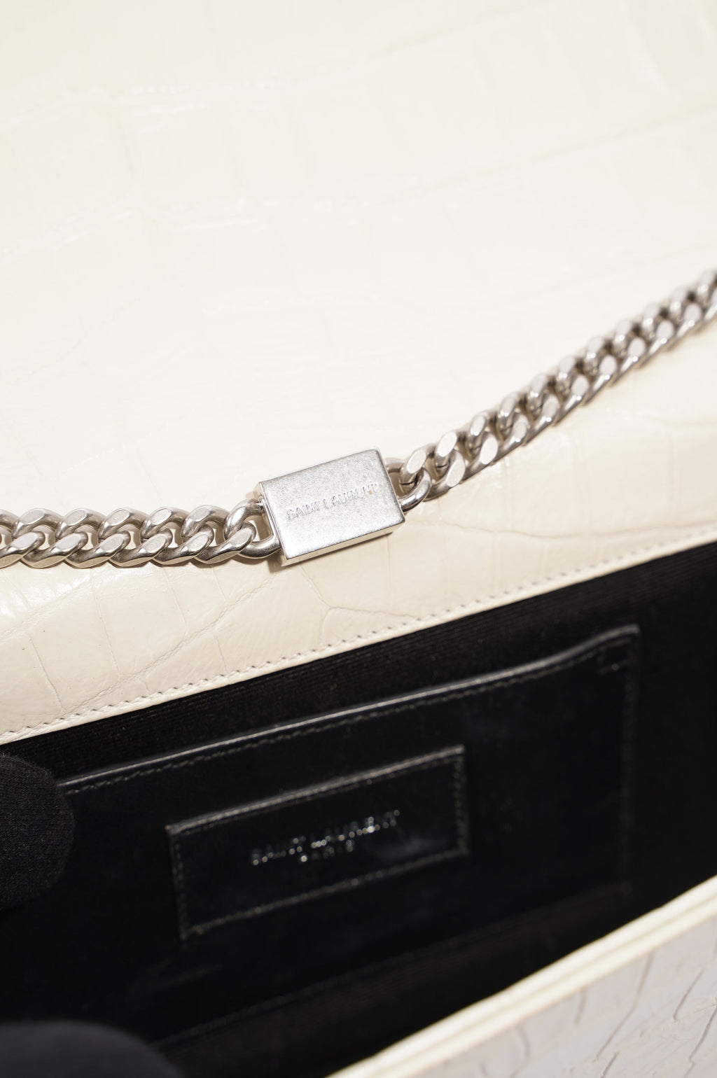 Saint Laurent Womens Kate Tassel Bag White Croc Medium