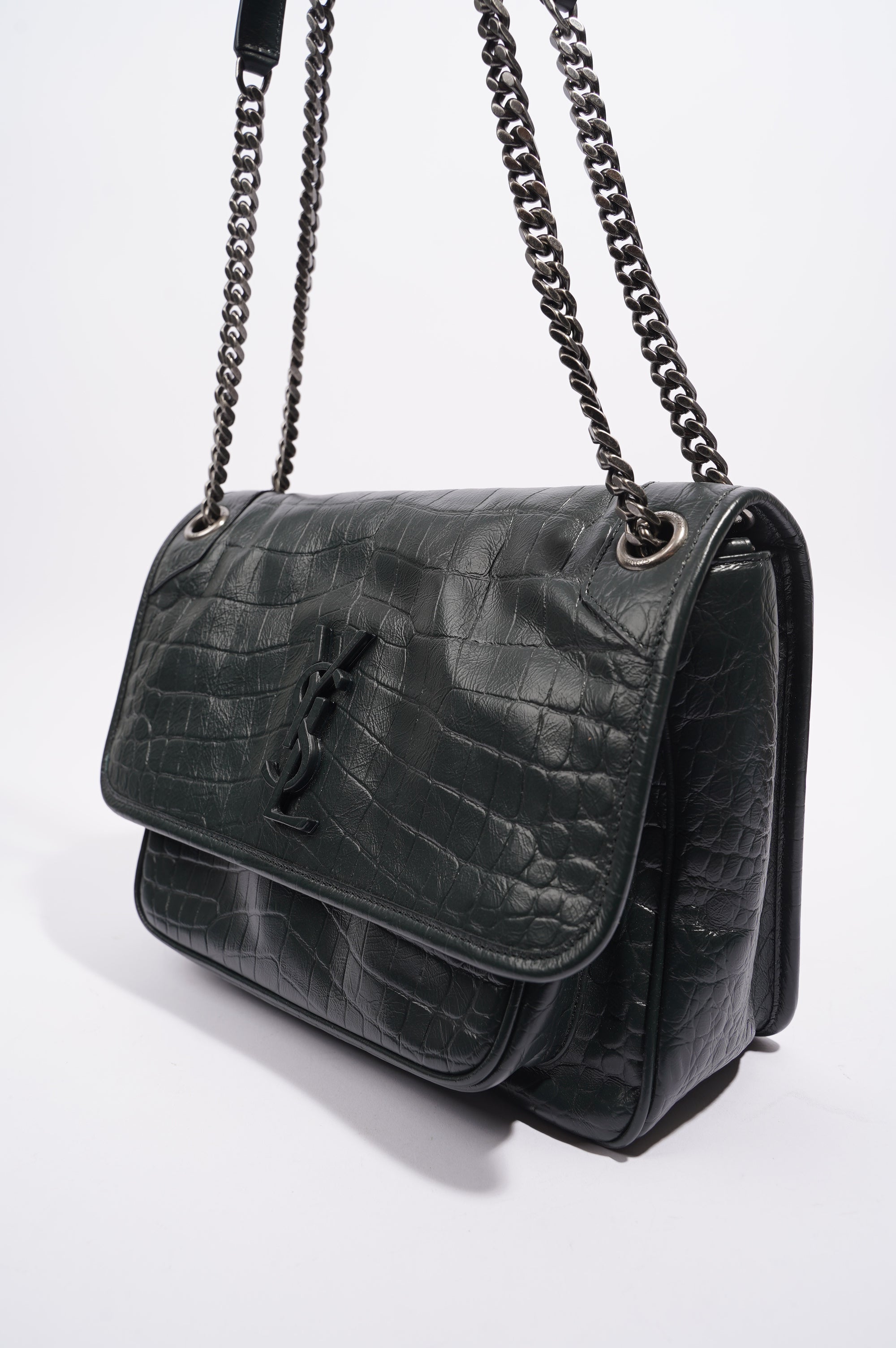 Saint Laurent Womens Niki Chain Bag Dark Green Croc Medium