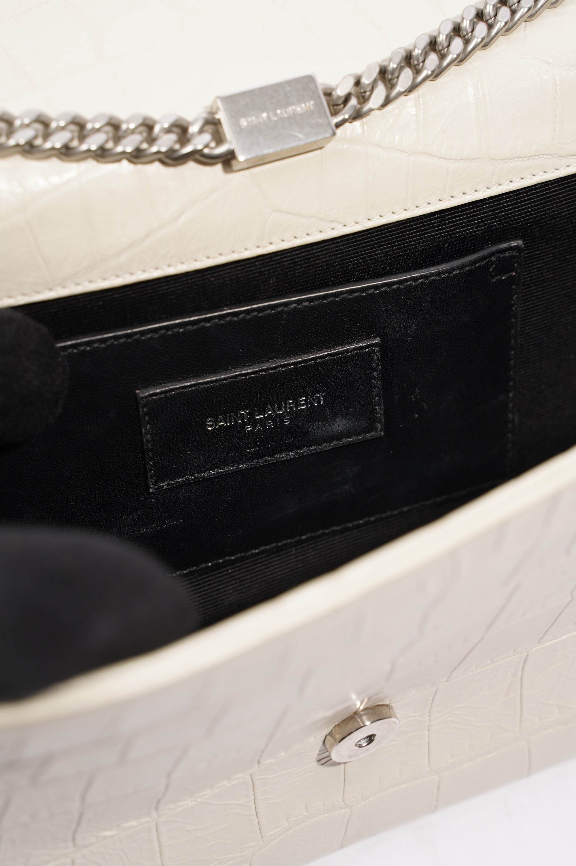 Saint Laurent Womens Kate Tassel Bag White Croc Medium