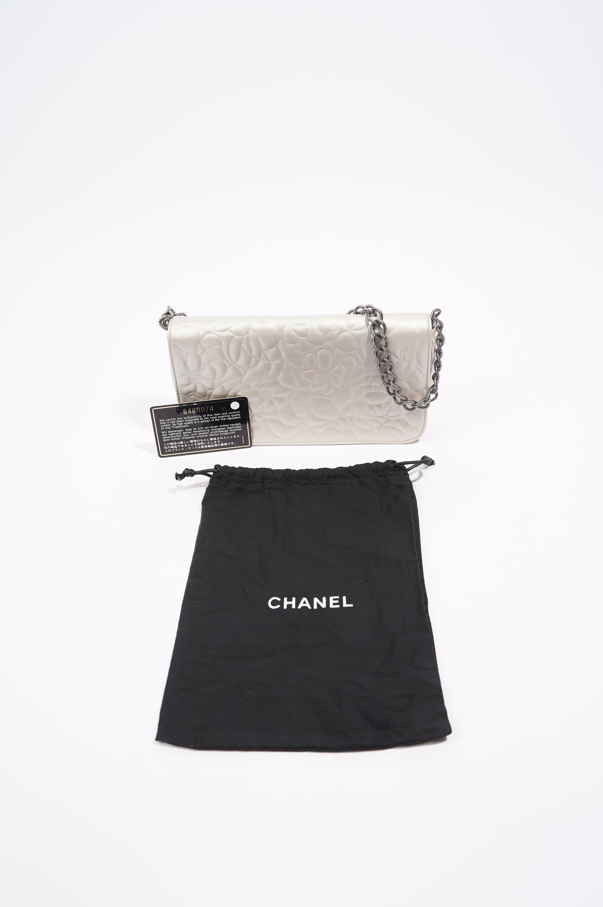 Chanel Womens Vintage Camellia Silver Lambskin