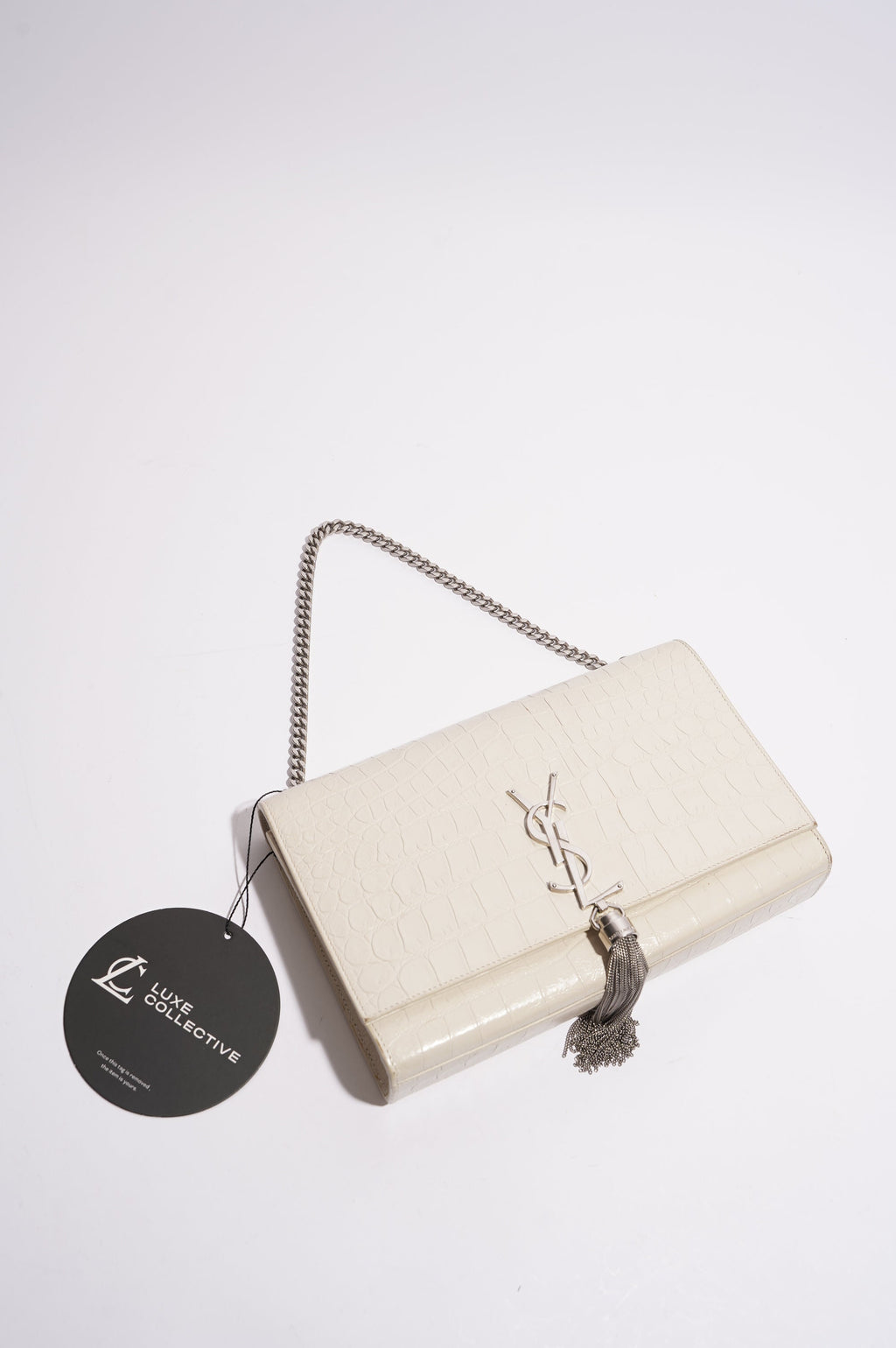 Saint Laurent Womens Kate Tassel Bag White Croc Medium