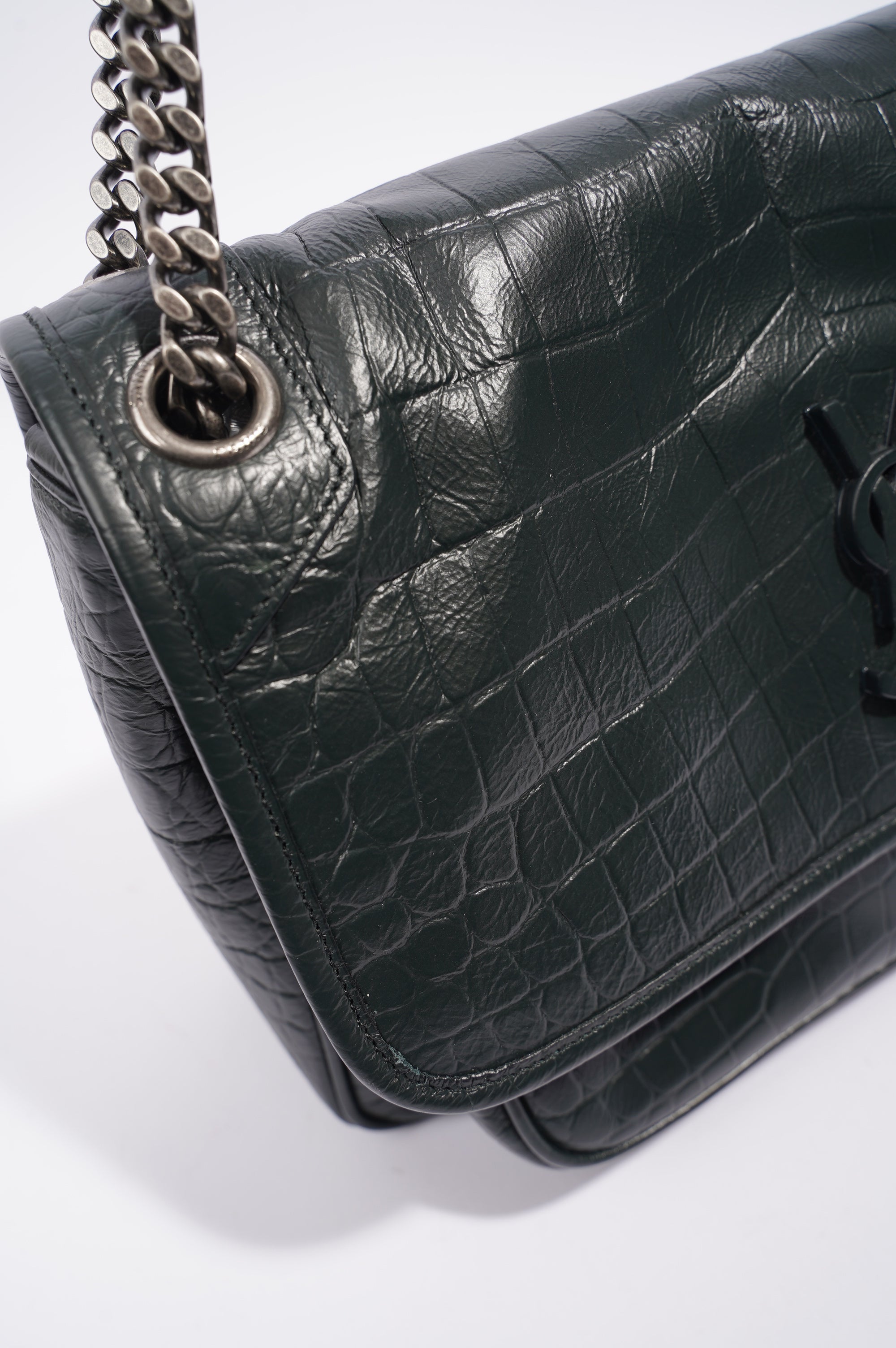 Saint Laurent Womens Niki Chain Bag Dark Green Croc Medium