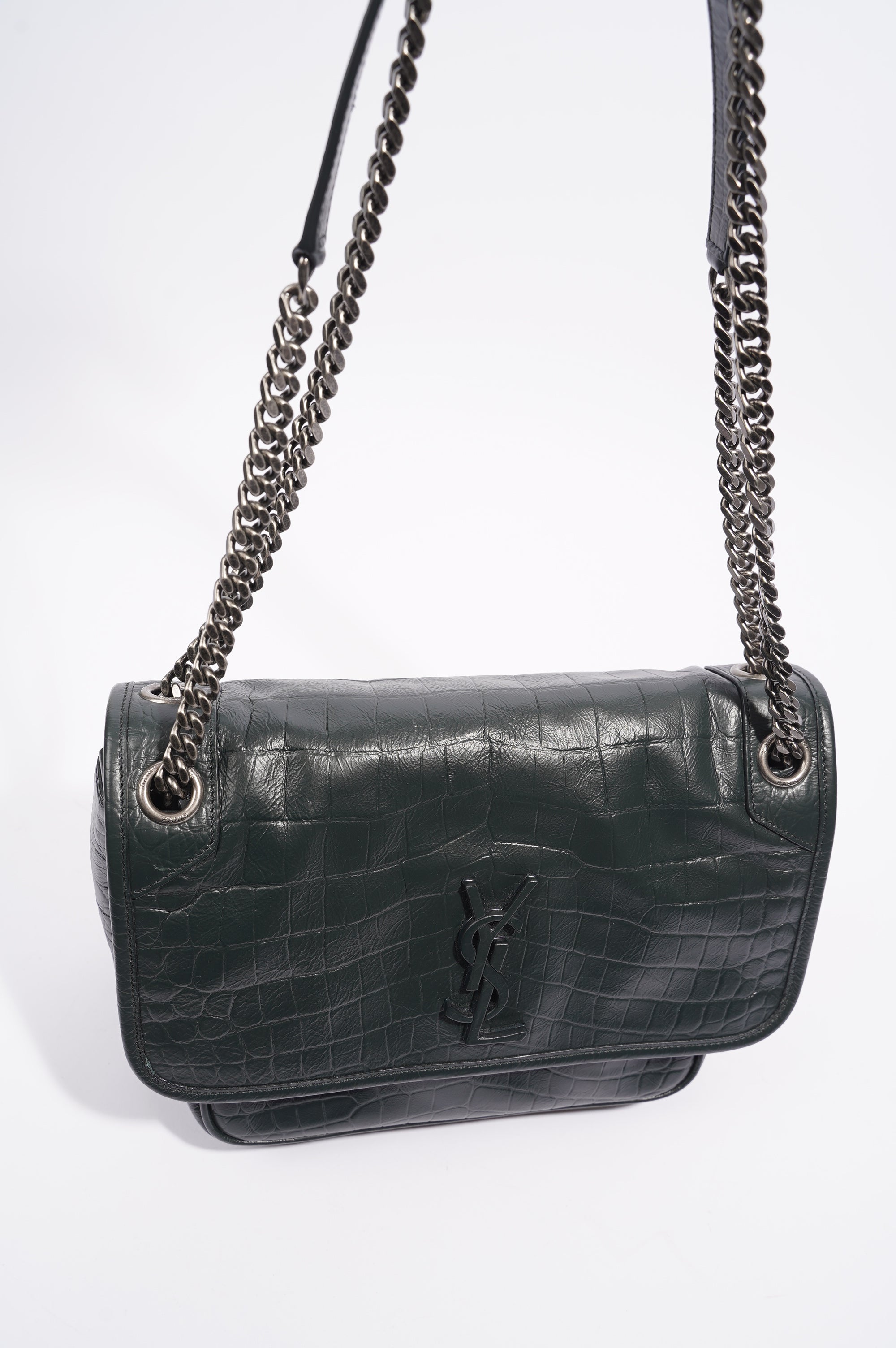 Saint Laurent Womens Niki Chain Bag Dark Green Croc Medium