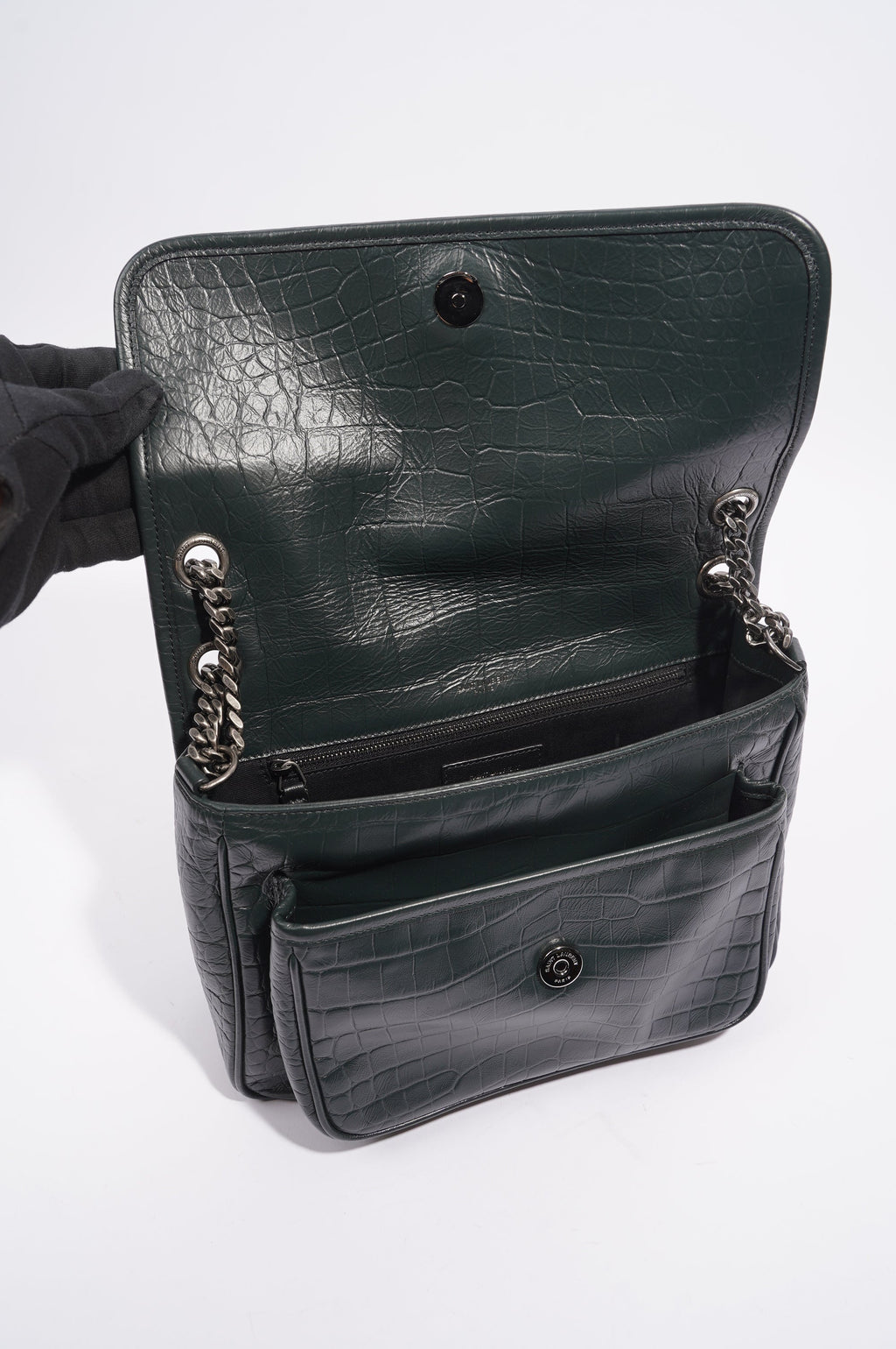 Saint Laurent Womens Niki Chain Bag Dark Green Croc Medium