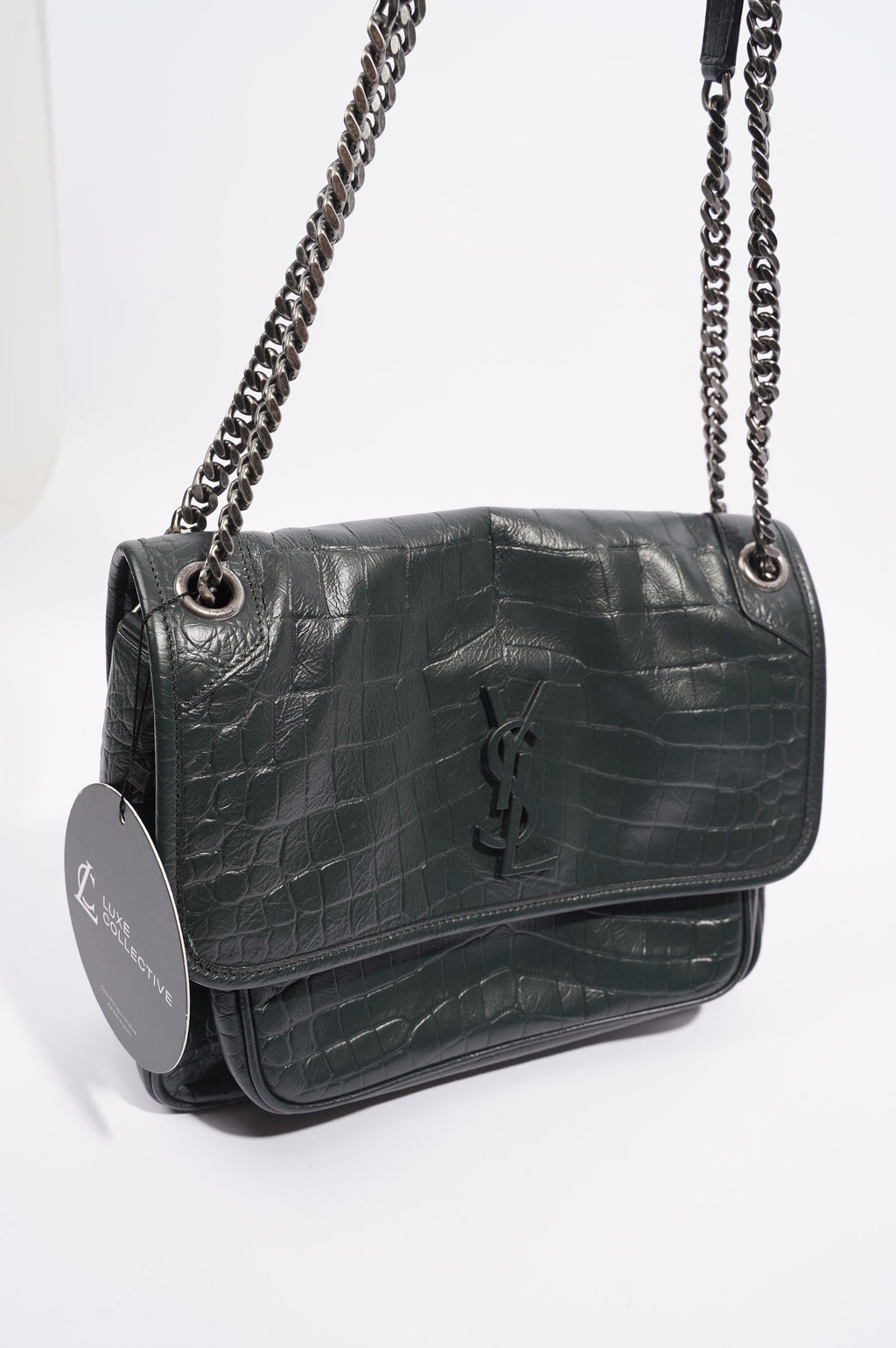 Saint Laurent Womens Niki Chain Bag Dark Green Croc Medium