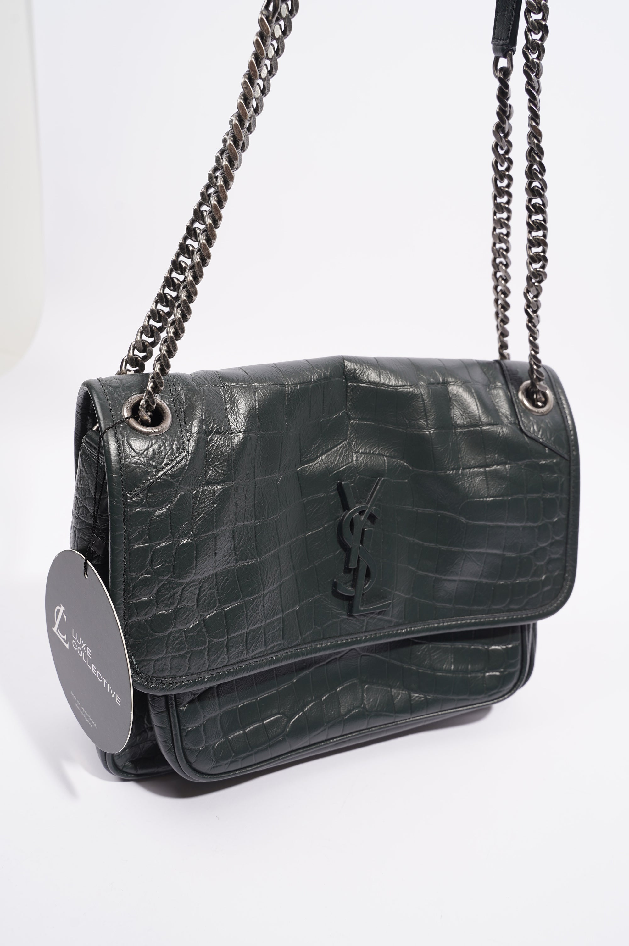 Saint Laurent Womens Niki Chain Bag Dark Green Croc Medium
