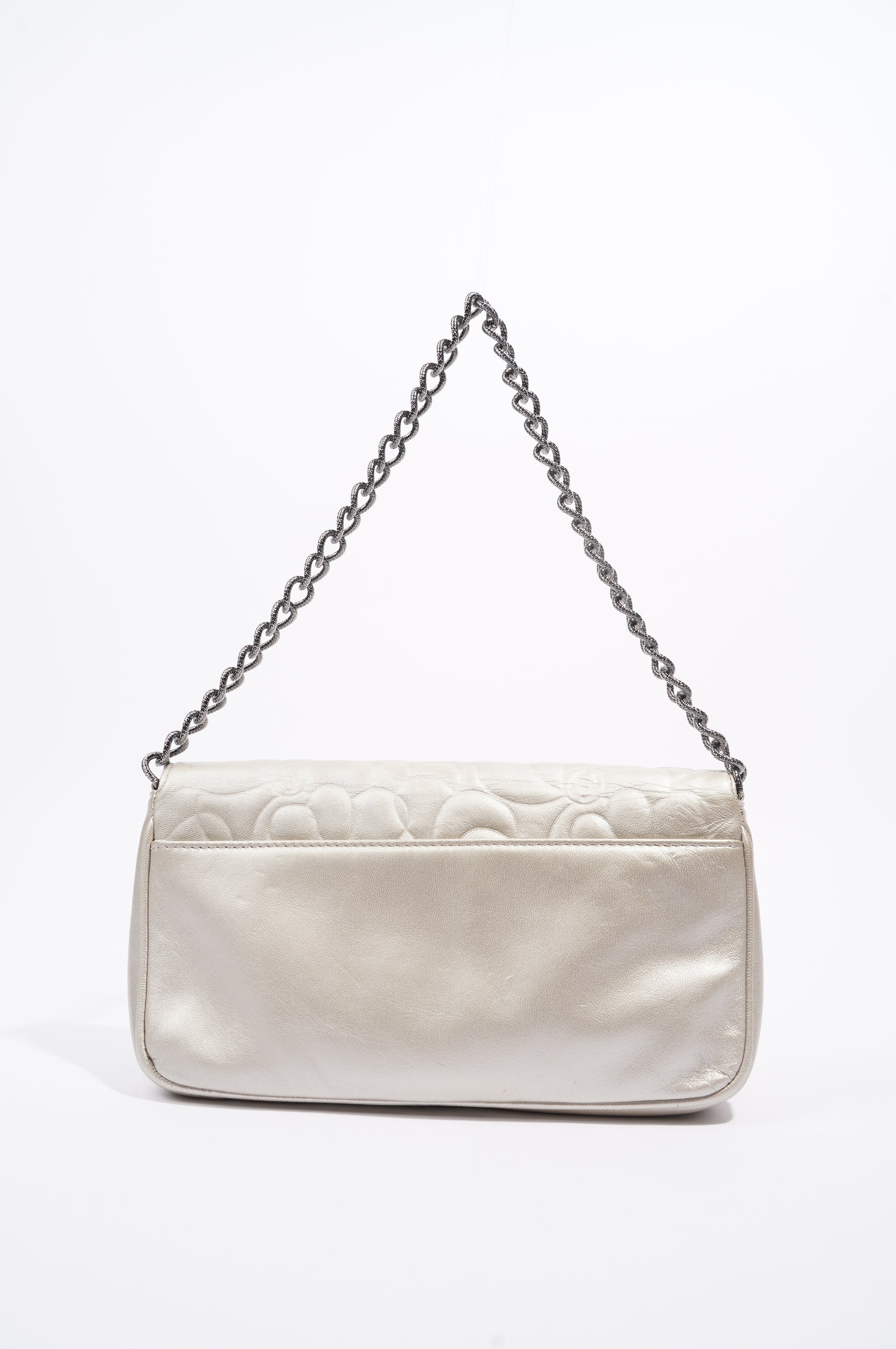 Chanel Womens Vintage Camellia Silver Lambskin