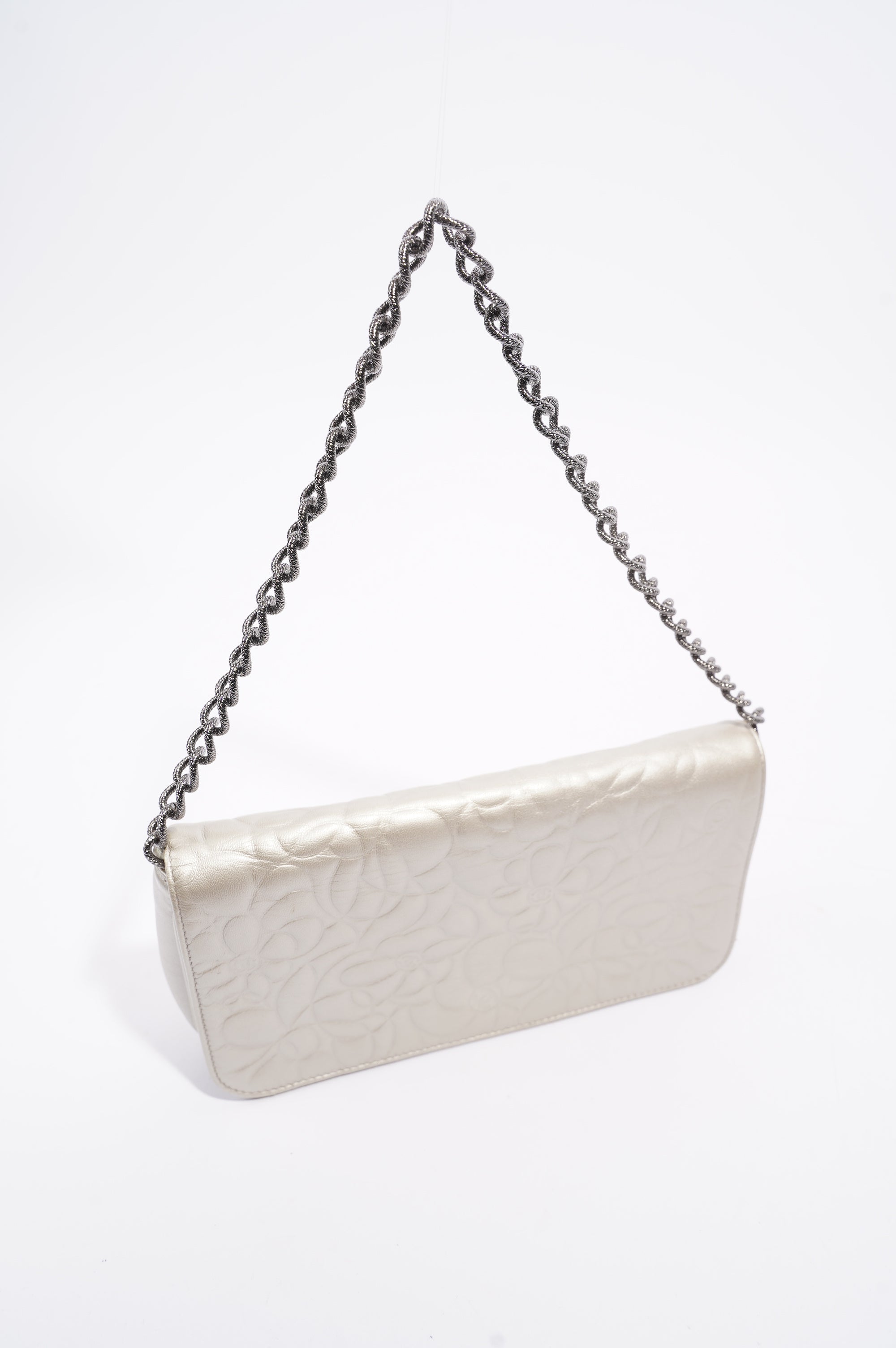 Chanel Womens Vintage Camellia Silver Lambskin