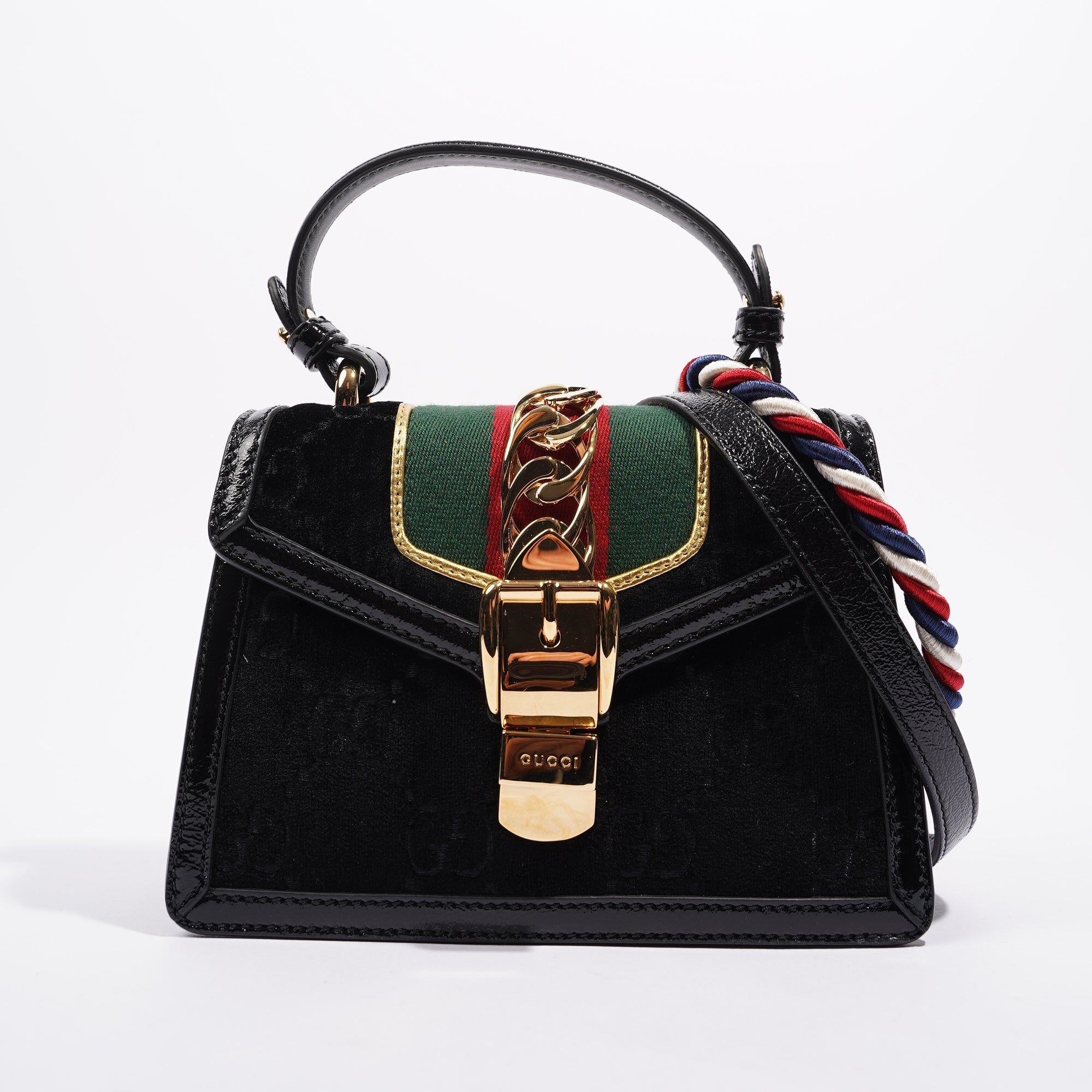 Gucci Womens Sylvie Mini Bag Black Velvet / Green / Red