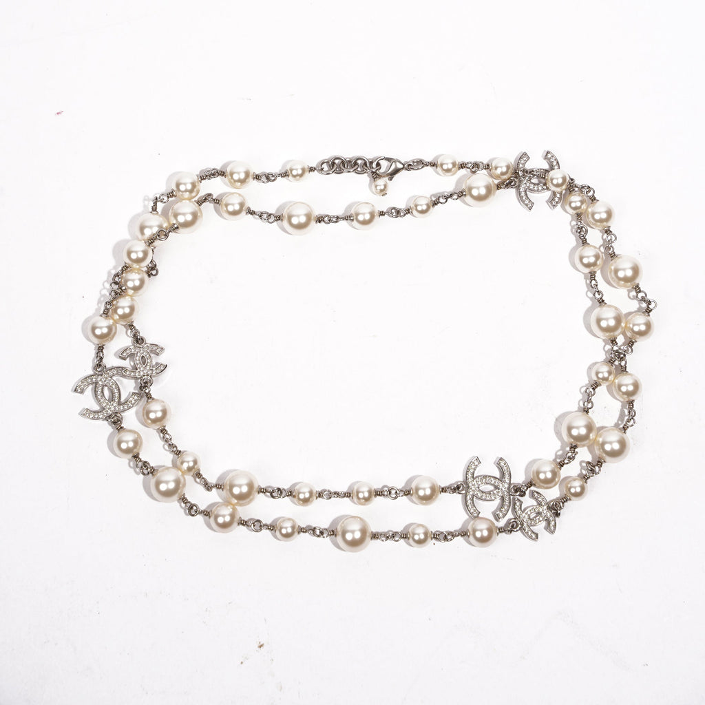 Chanel Womens Long Pearl Necklace Silver Finish / Pearls