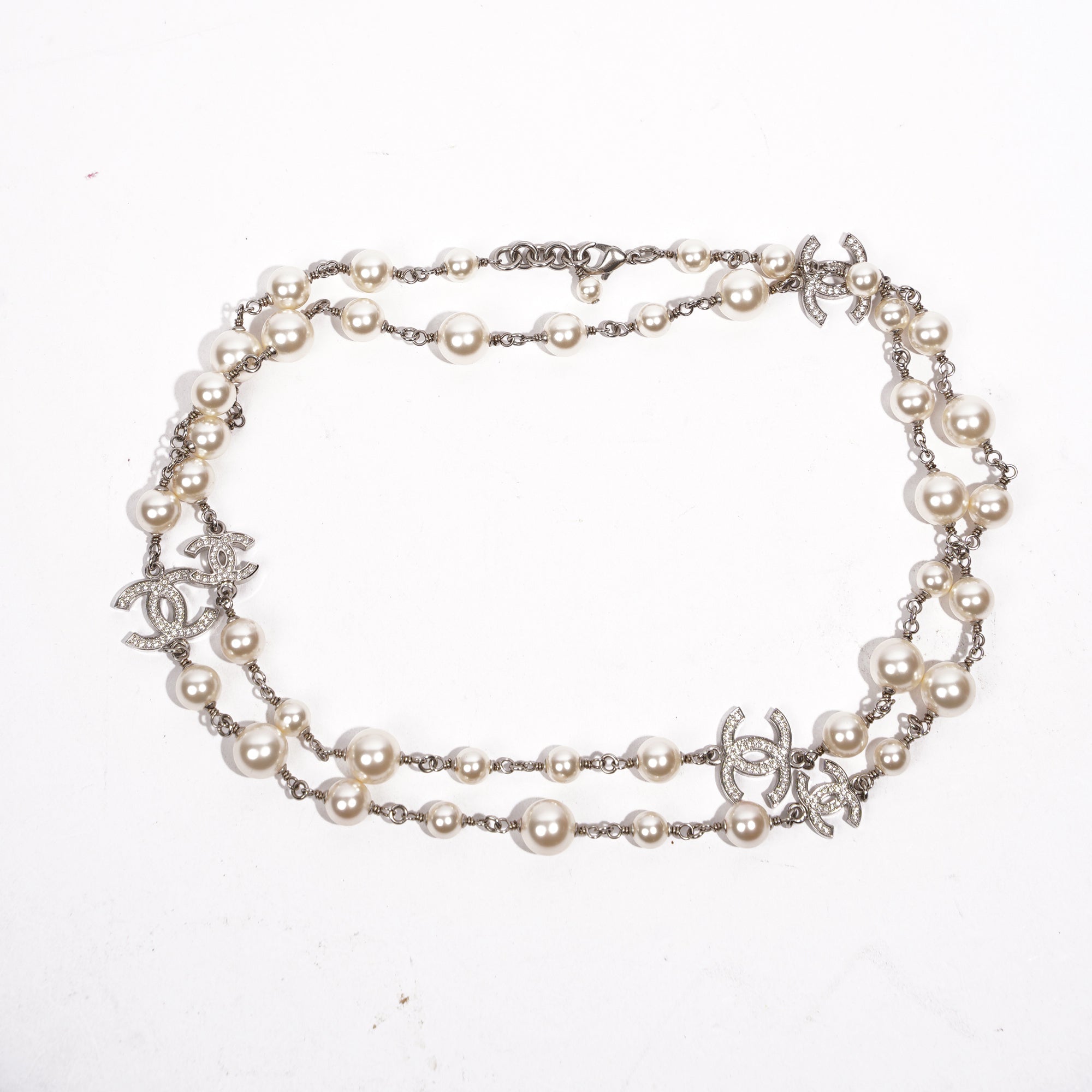 Chanel Womens Long Pearl Necklace Silver Finish / Pearls