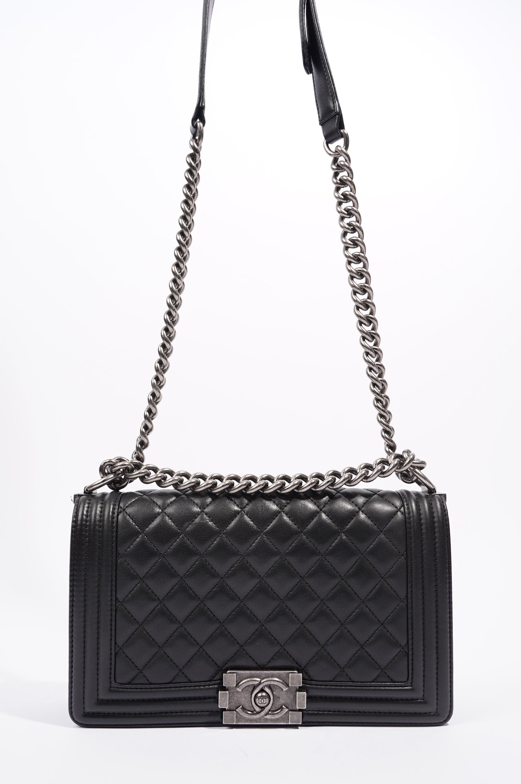 Chanel Womens Lambskin Boy Bag Black Medium