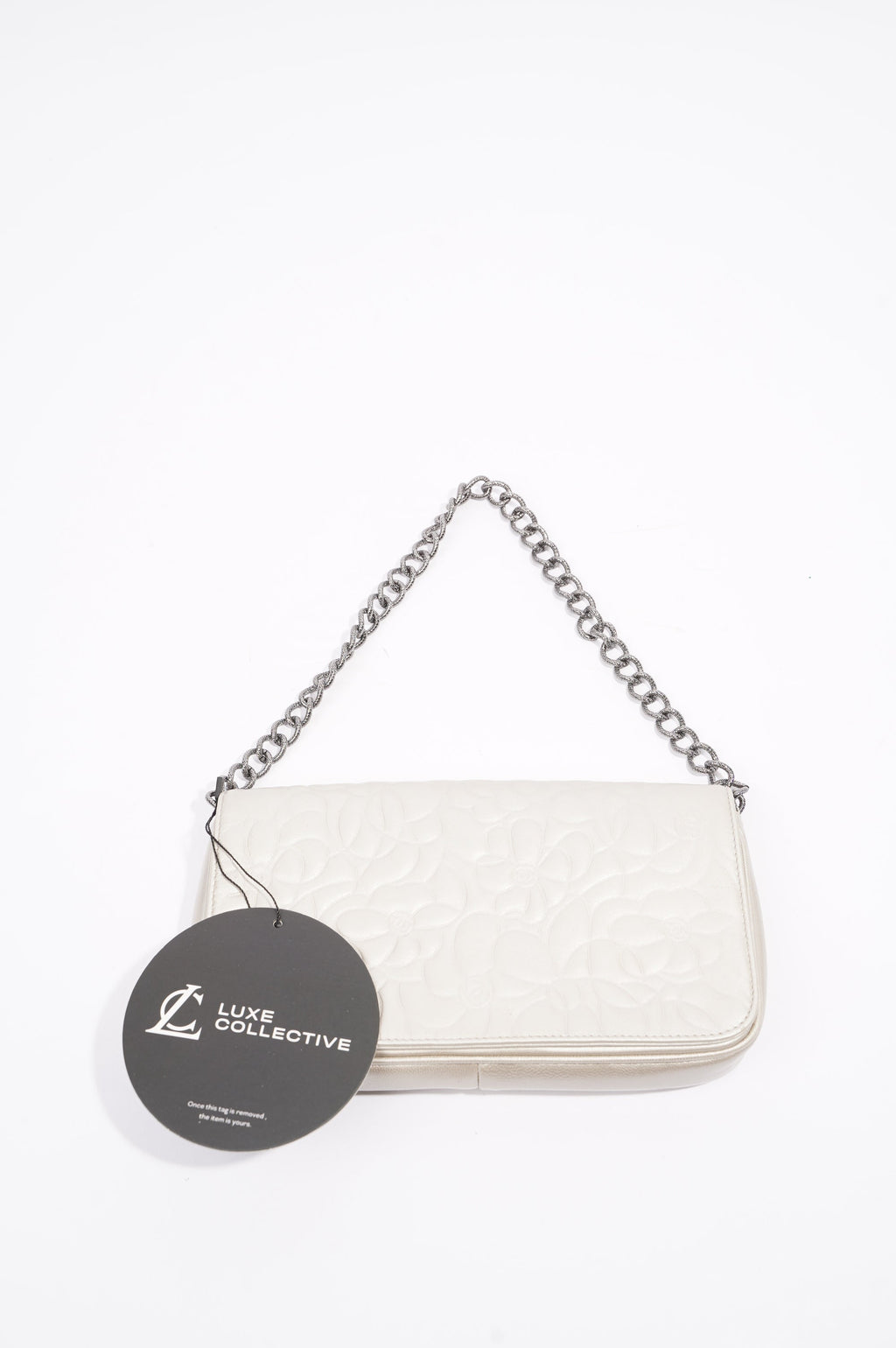 Chanel Womens Vintage Camellia Silver Lambskin