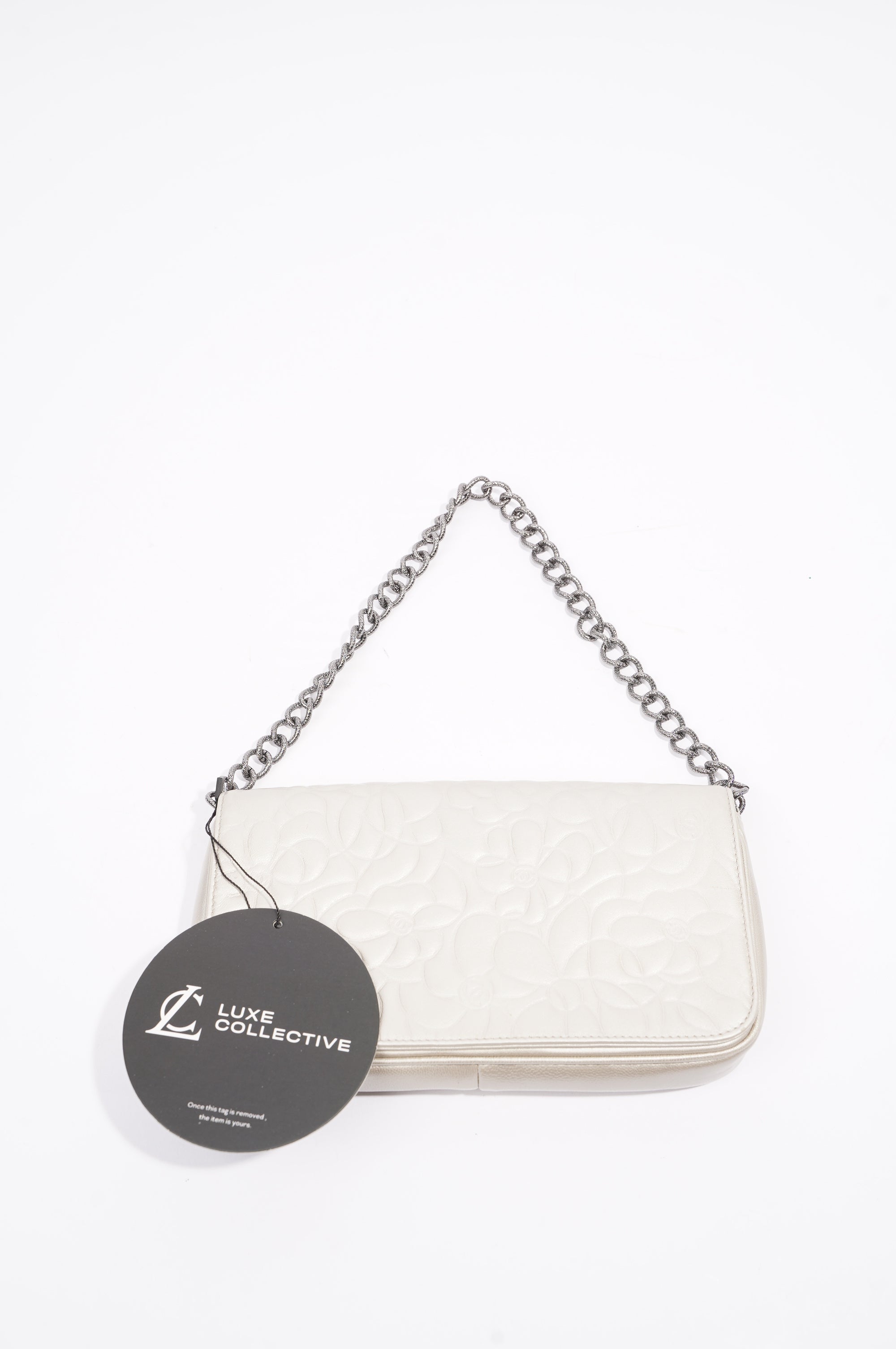 Chanel Womens Vintage Camellia Silver Lambskin