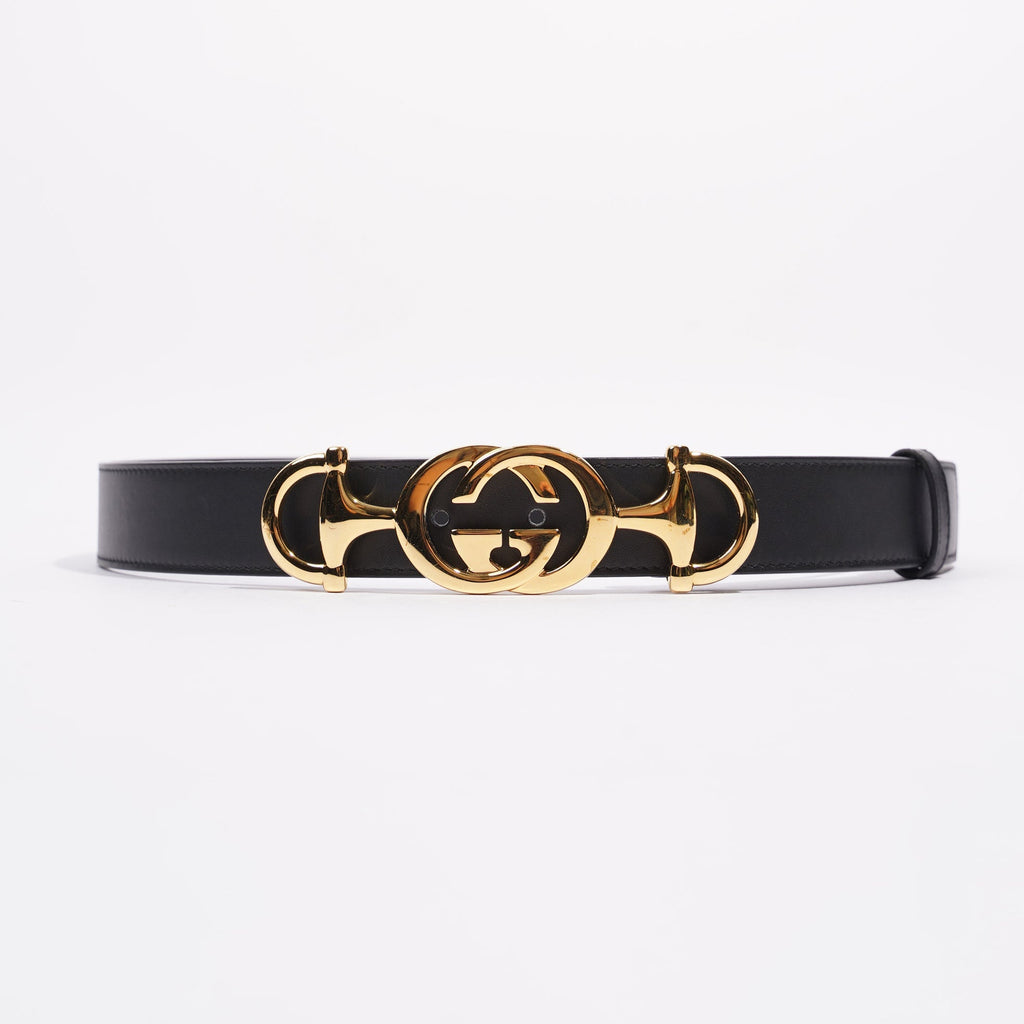 Gucci Womens GG Interlocking Horsebit Belt Black Leather 75cm